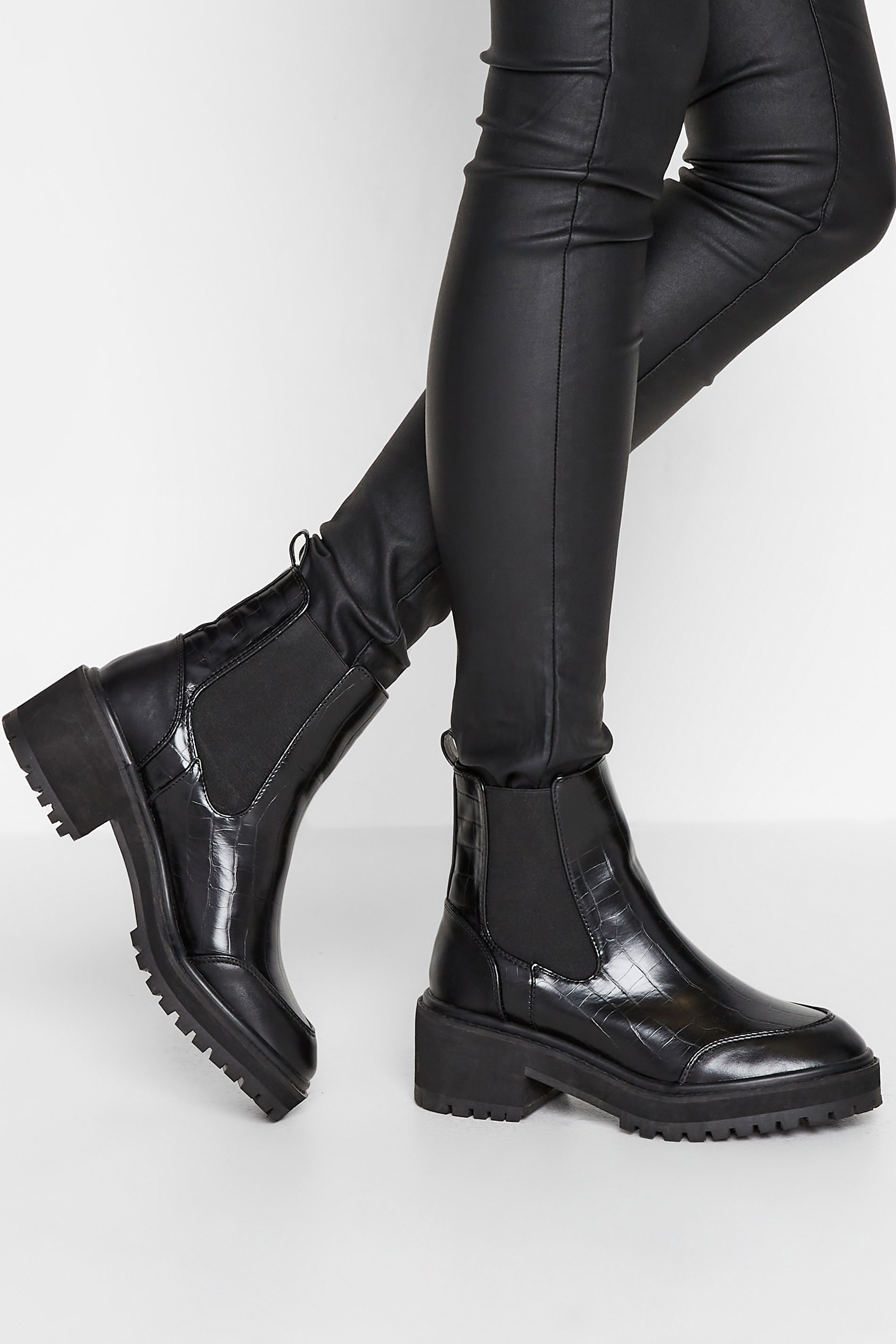 LTS Tall Black Chunky Chelsea Croc Heel Boot In Standard Fit | Long Tall Sally  3