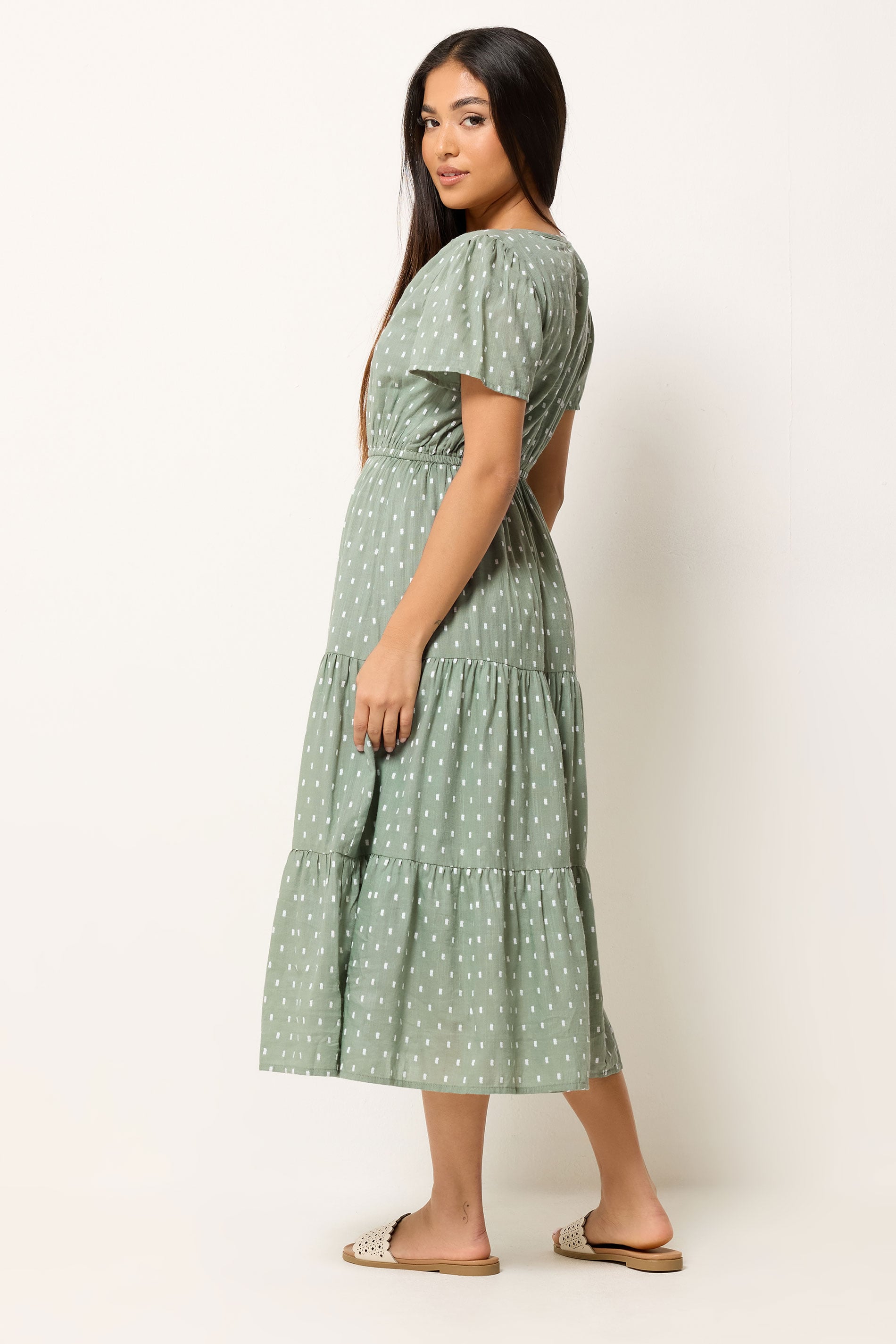 M&Co Petite Sage Green Dobby Tiered Maxi Dress | M&Co 4