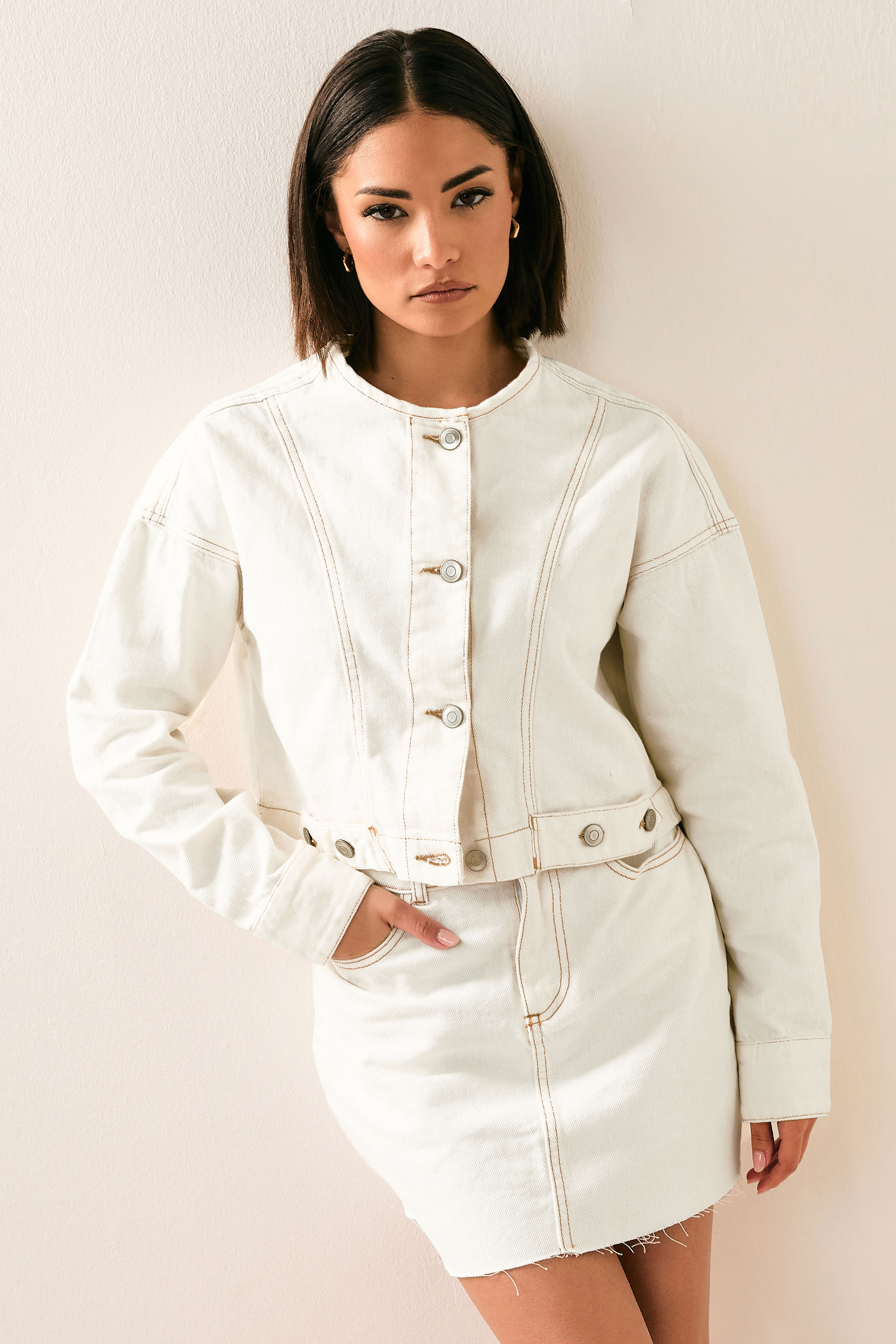 PixieGirl Petite Women's Cream Denim Contrast Stitch Collarless Jacket | PixieGirl 3