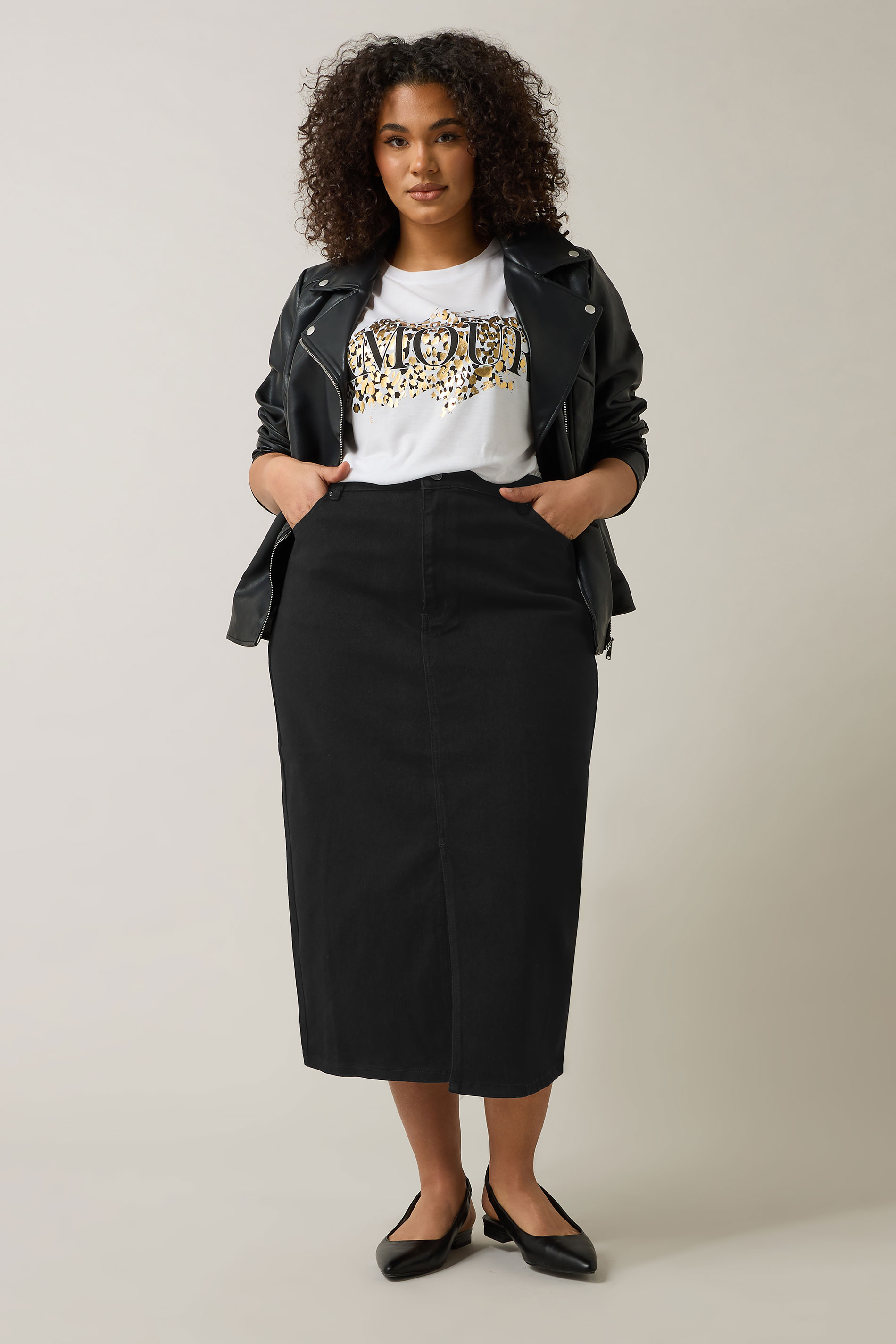 EVANS Plus Size Black Split Hem Denim Midi Skirt | Evans 5
