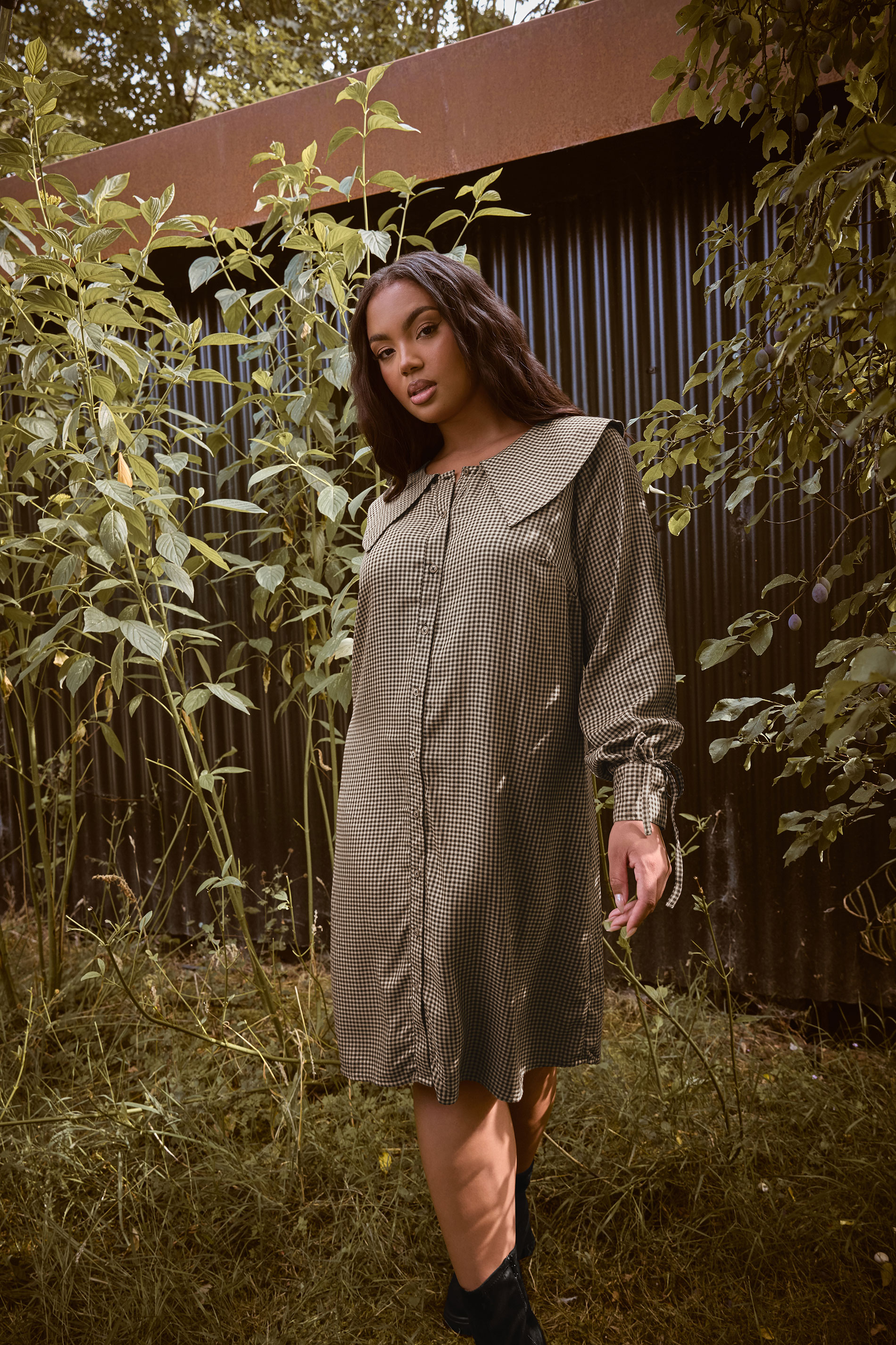 YOURS Plus Size Brown Check Collar Mini Dress | Yours Clothing 1