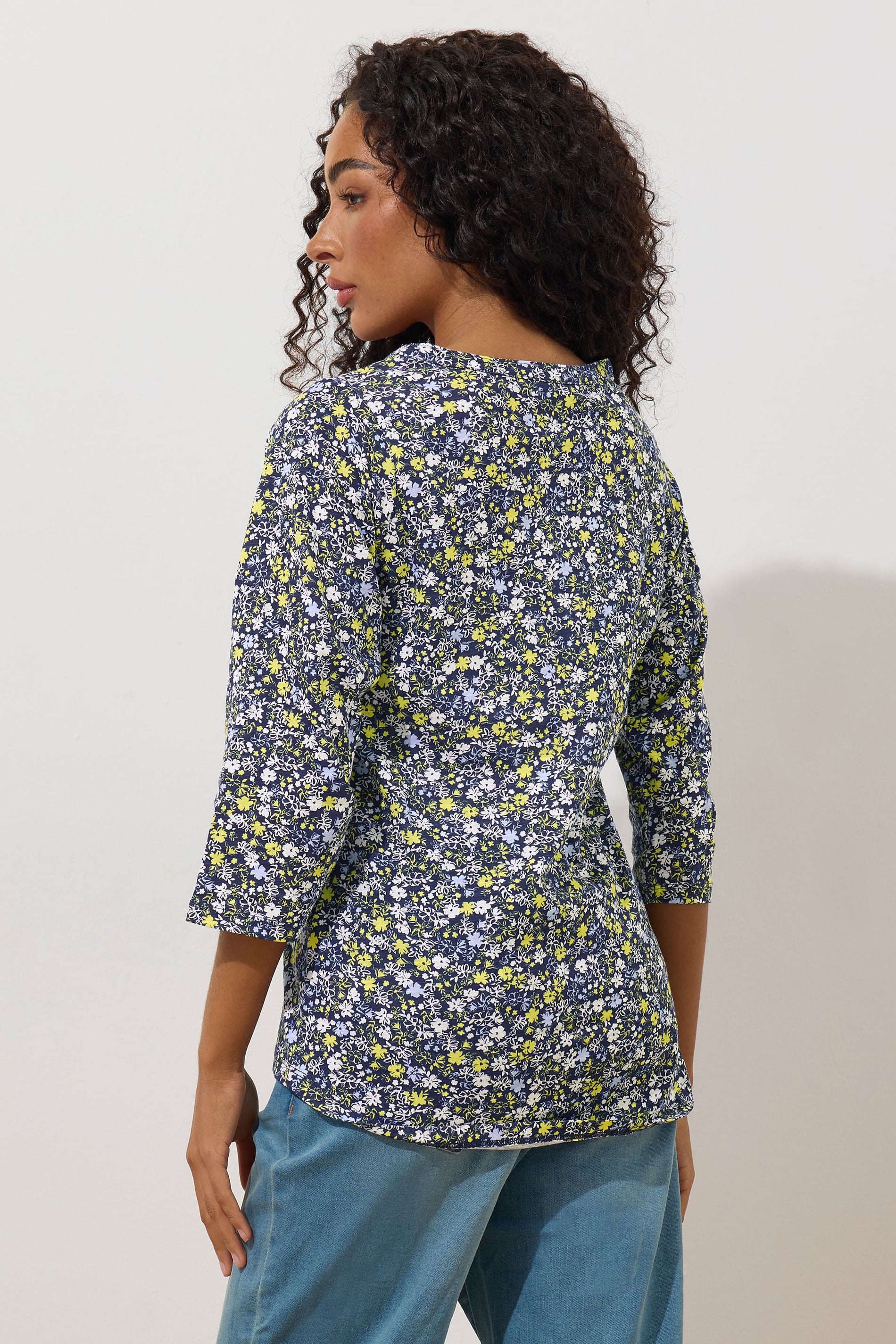 M&Co Petite Navy Blue Cotton Ditsy Floral Henley Top | M&Co 2