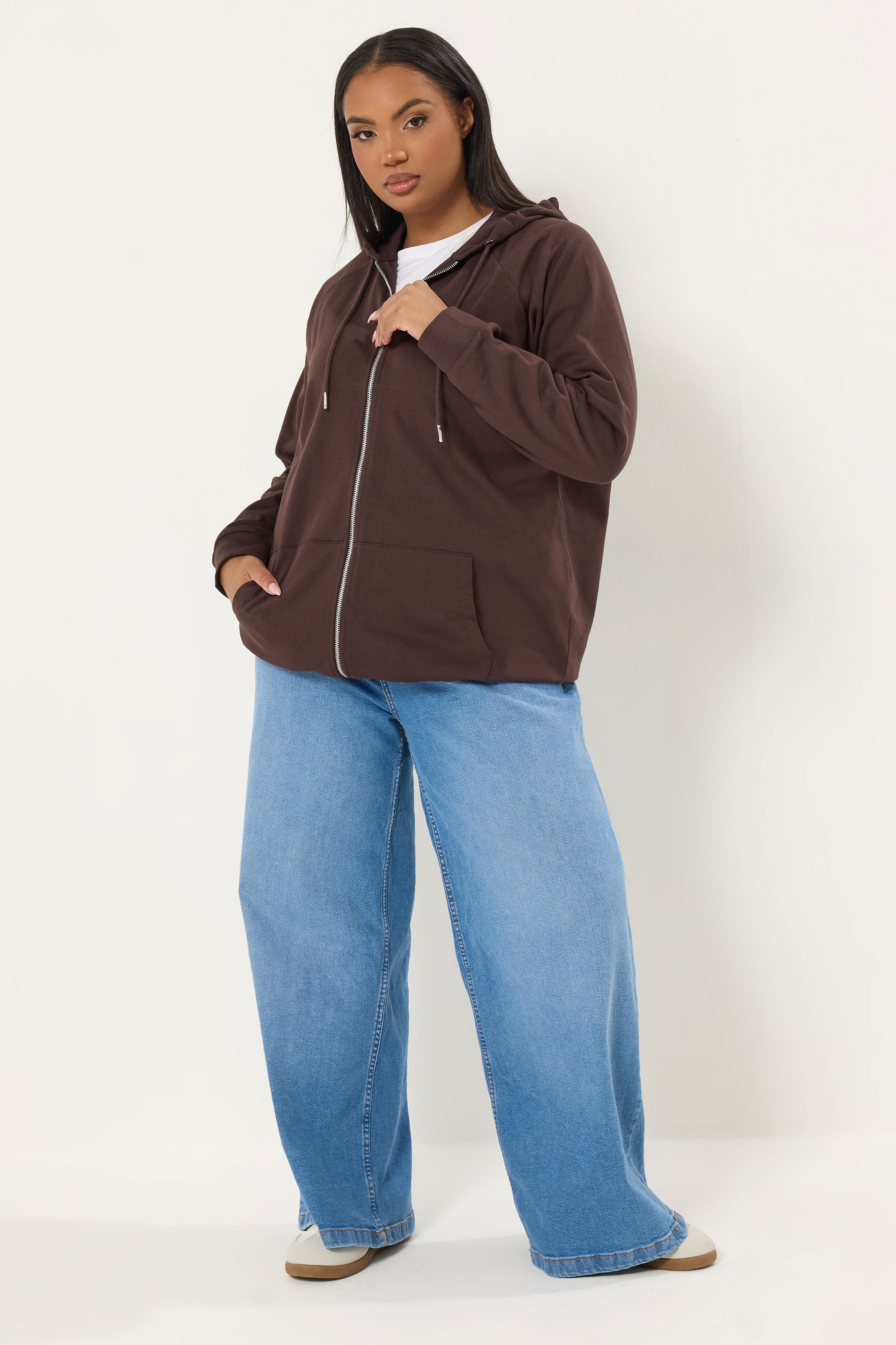 YOURS Curve Plus Size Chocolate Brown Zip Through Hoodie | Yours Clothing 1