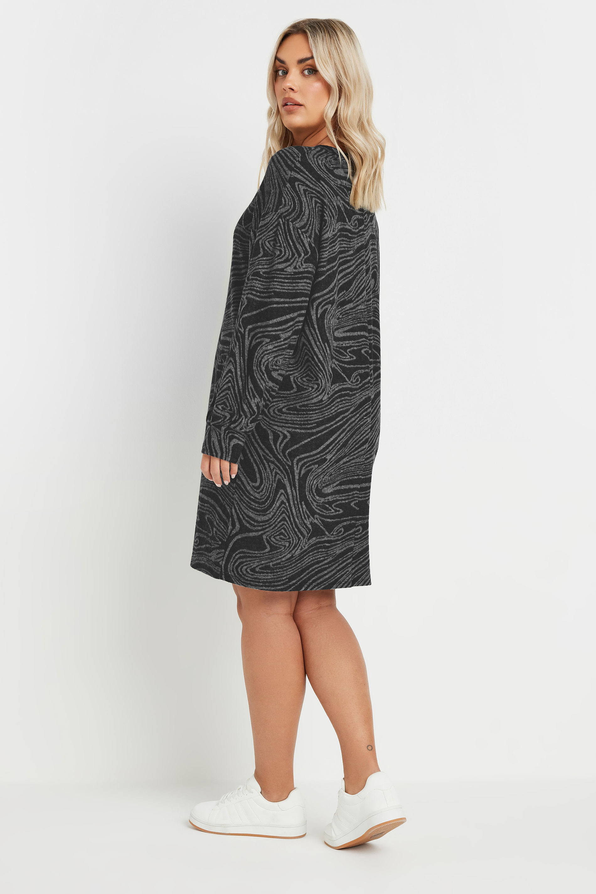 YOURS Plus Size Black Abstract Print Soft Touch Jumper Dress | Yours Clothing 2