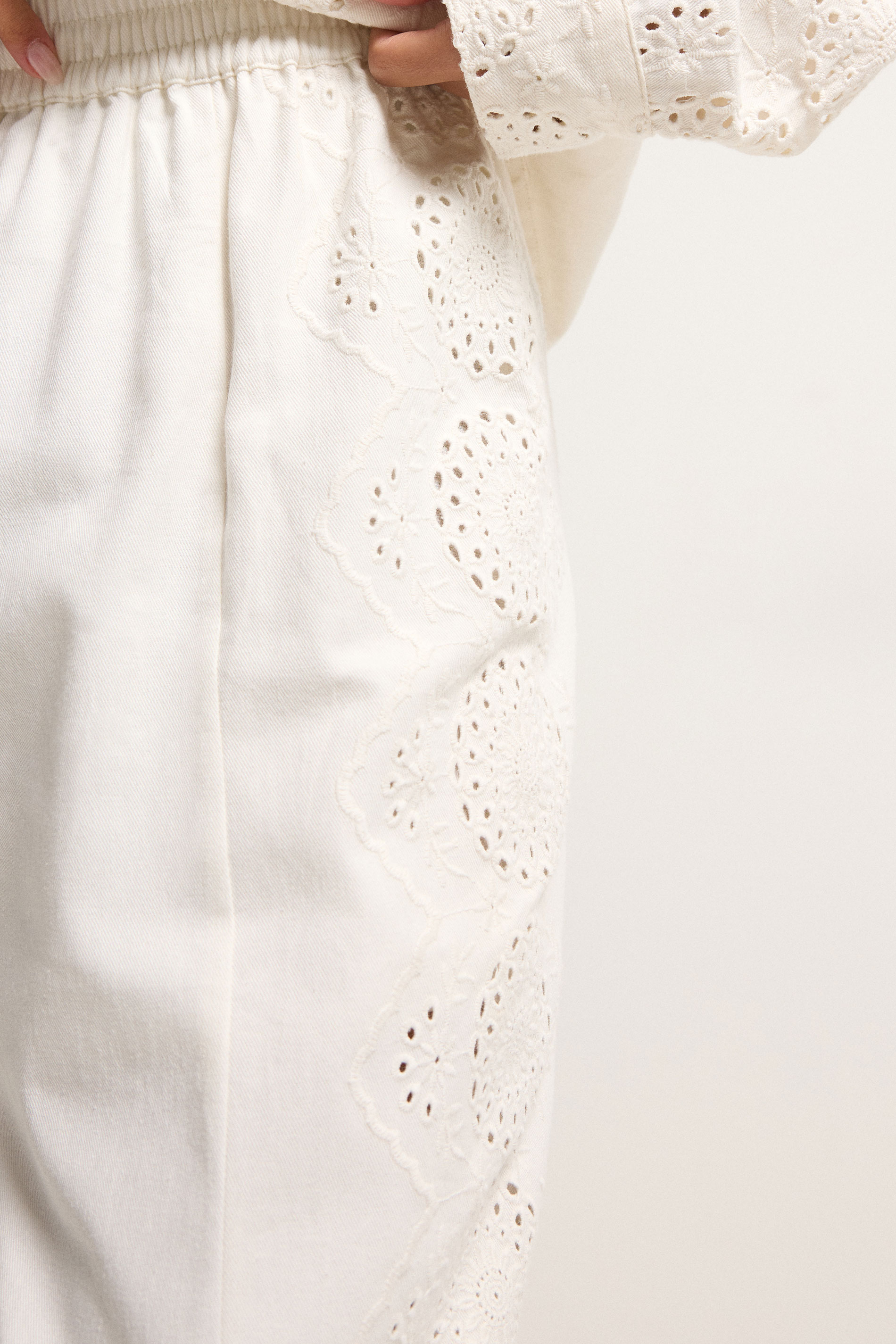 PixieGirl Petite Women's White Embroidered Cotton Wide Leg Trousers | PixieGirl 2