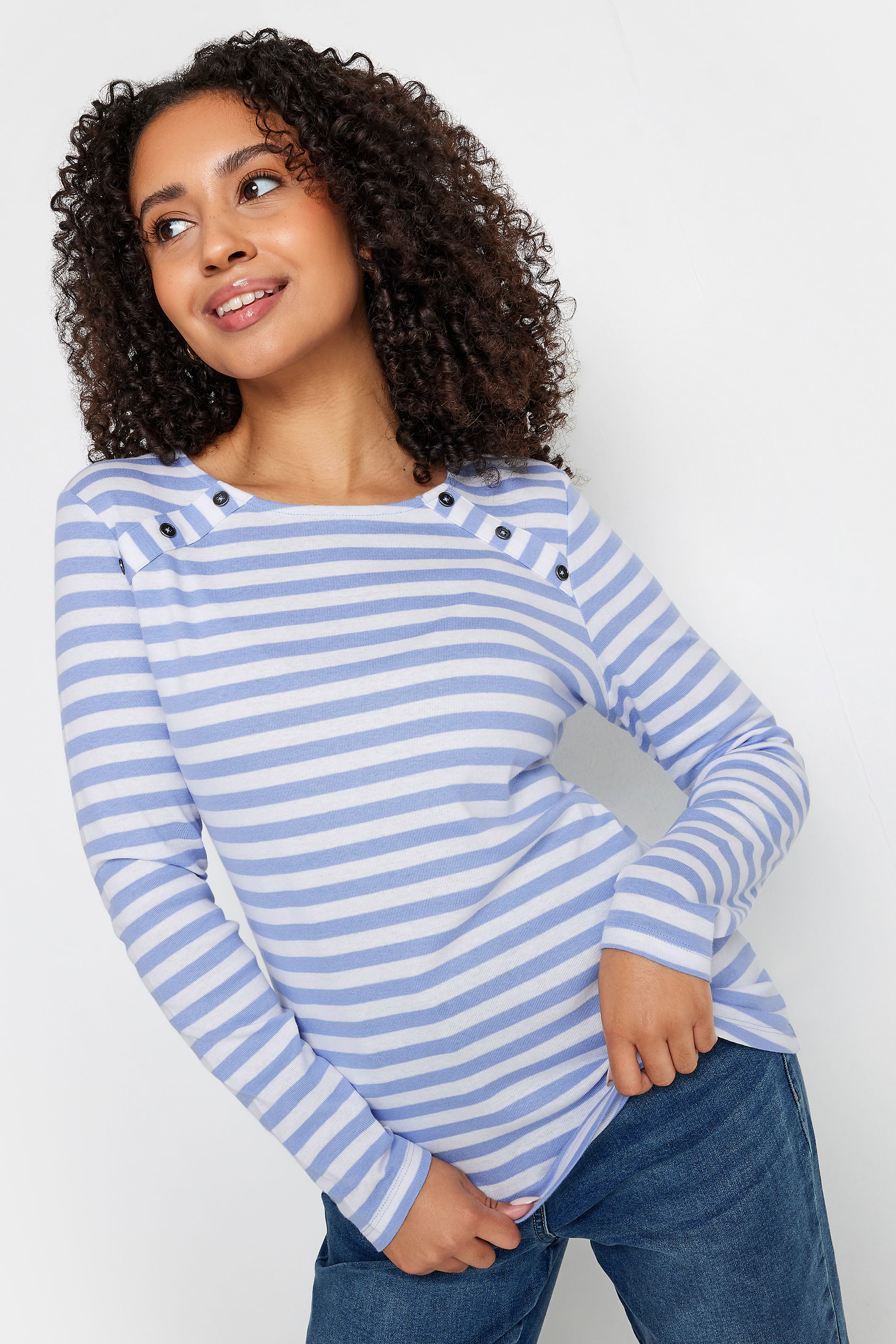 M&Co Petite Blue & White Striped Button Detail Cotton Top | M&Co 1