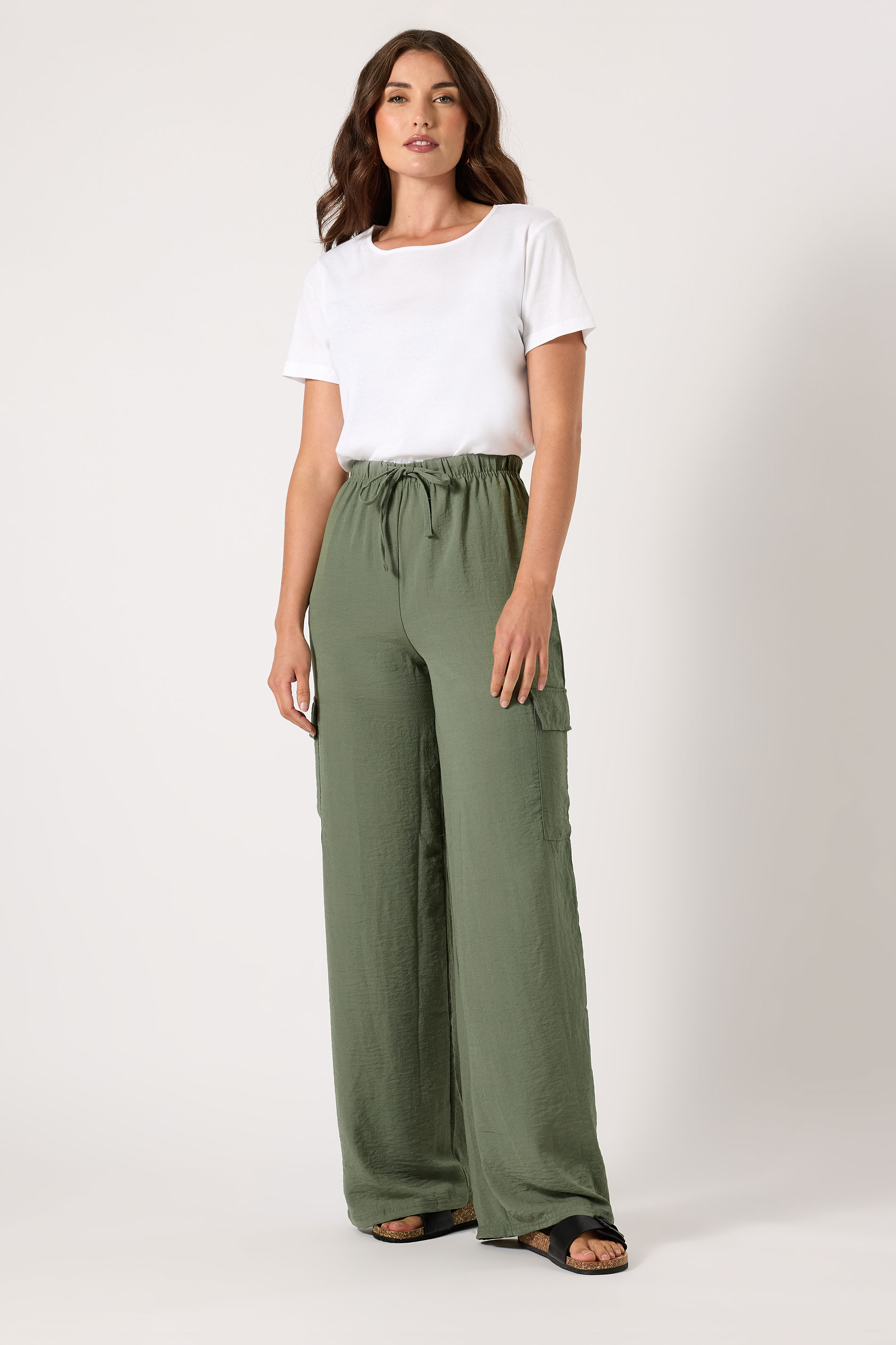 LTS Tall Women's Khaki Green Cargo Crepe Wide Leg Trousers | Long Tall Sally 3
