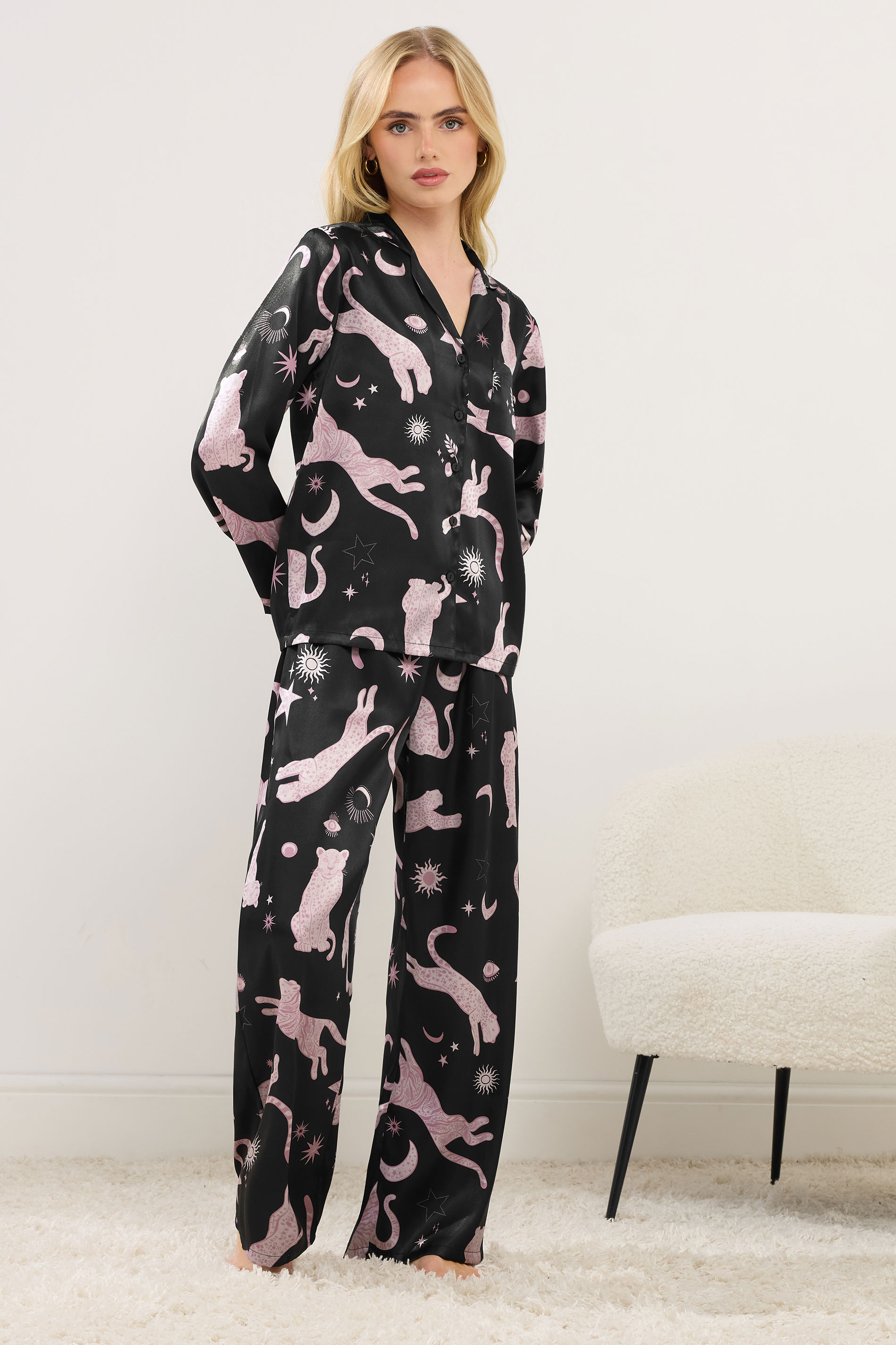 PixieGirl Petite Women's Black Graphic Satin Button Pyjama Set | PixieGirl 1