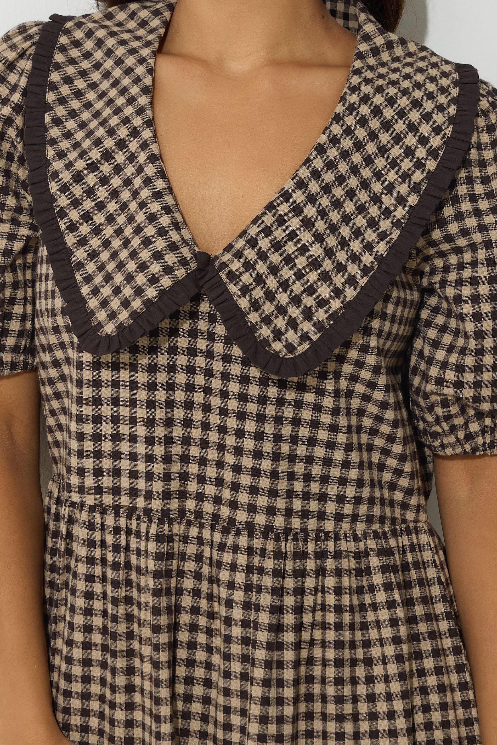 PixieGirl Petite Women's Brown Gingham Big Collar Cotton Maxi Dress | PixieGirl 5
