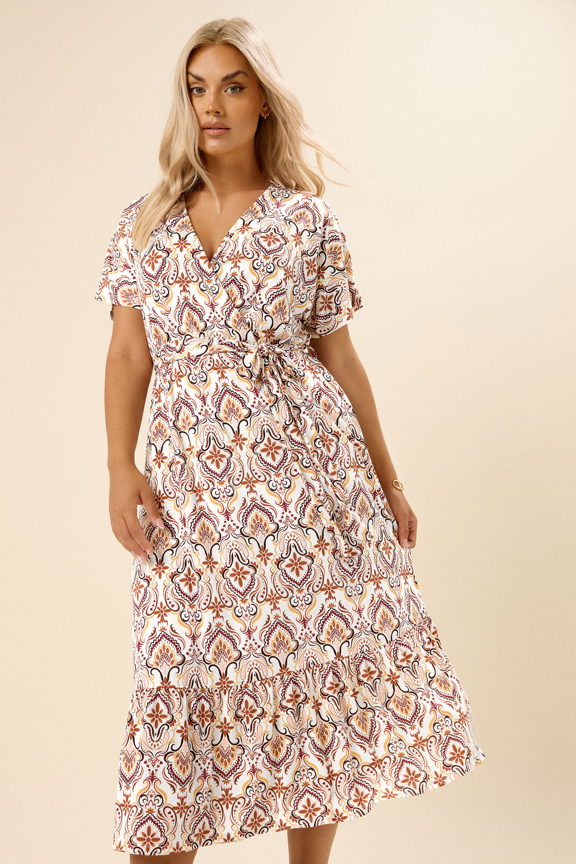 YOURS Plus Size White Paisley Print Midi Wrap Dress | Yours Clothing 1