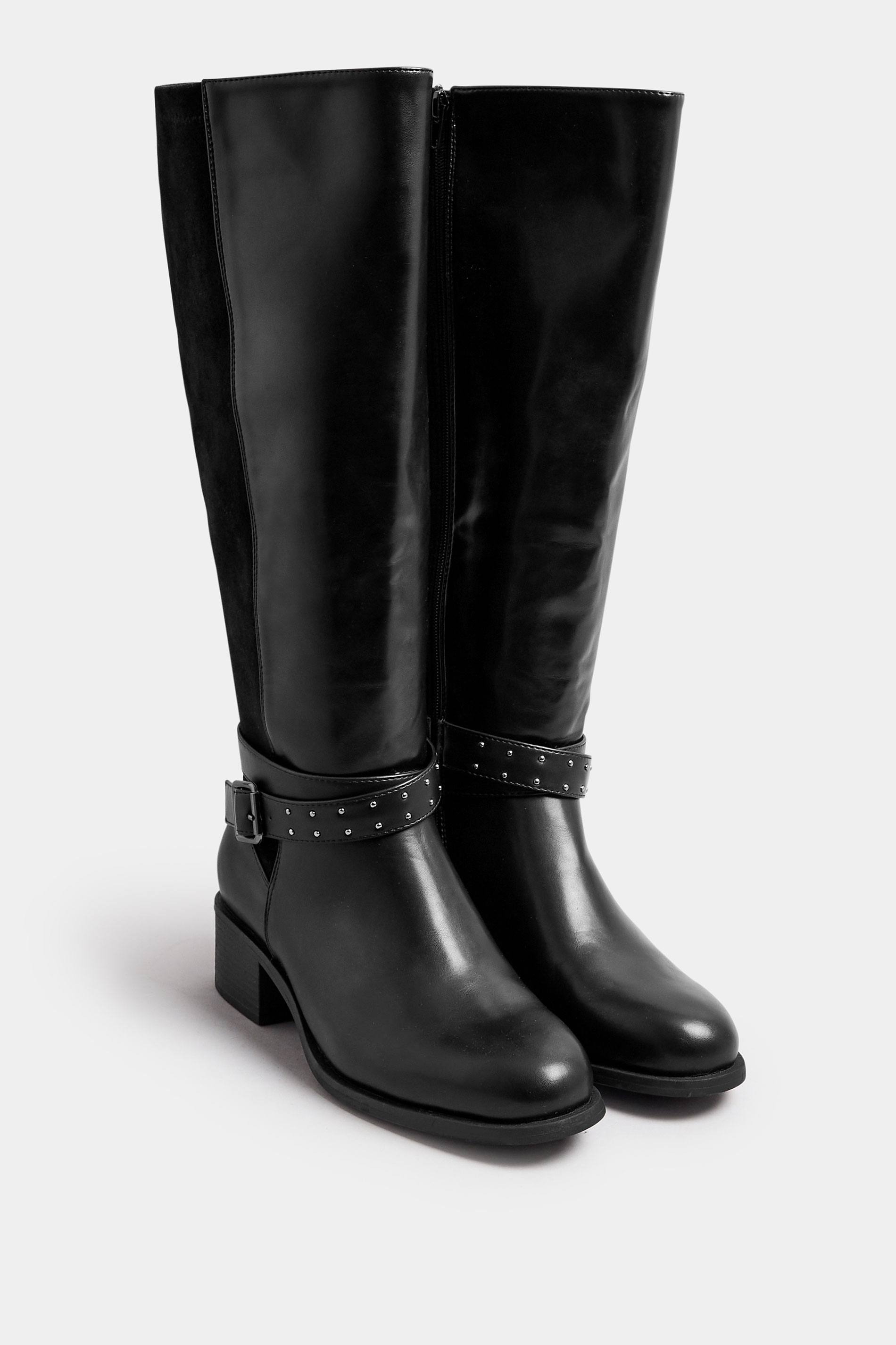 Black Faux Leather Buckle Detail Knee High Boots In Extra Wide EEE Fit | Yours Clothing 1