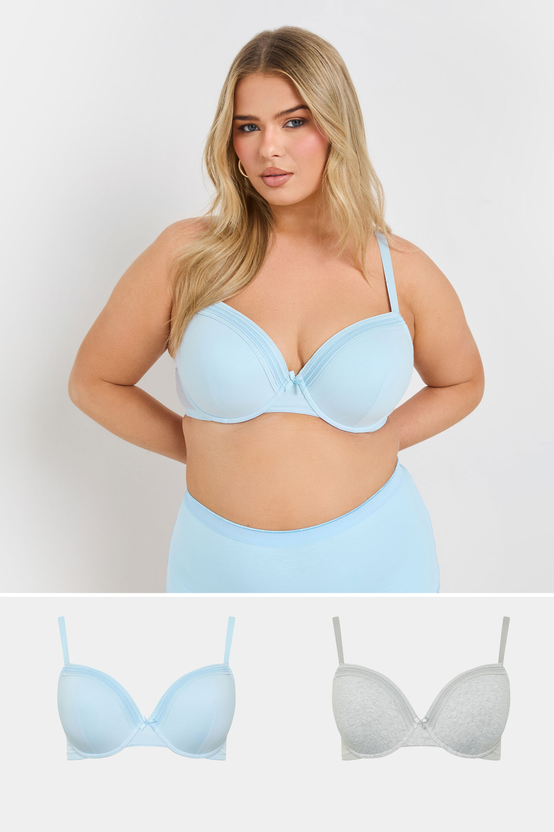 YOURSET 2 PACK Curve Grey Marl & Blue Lace Trim Padded Bra | Yours Clothing 1