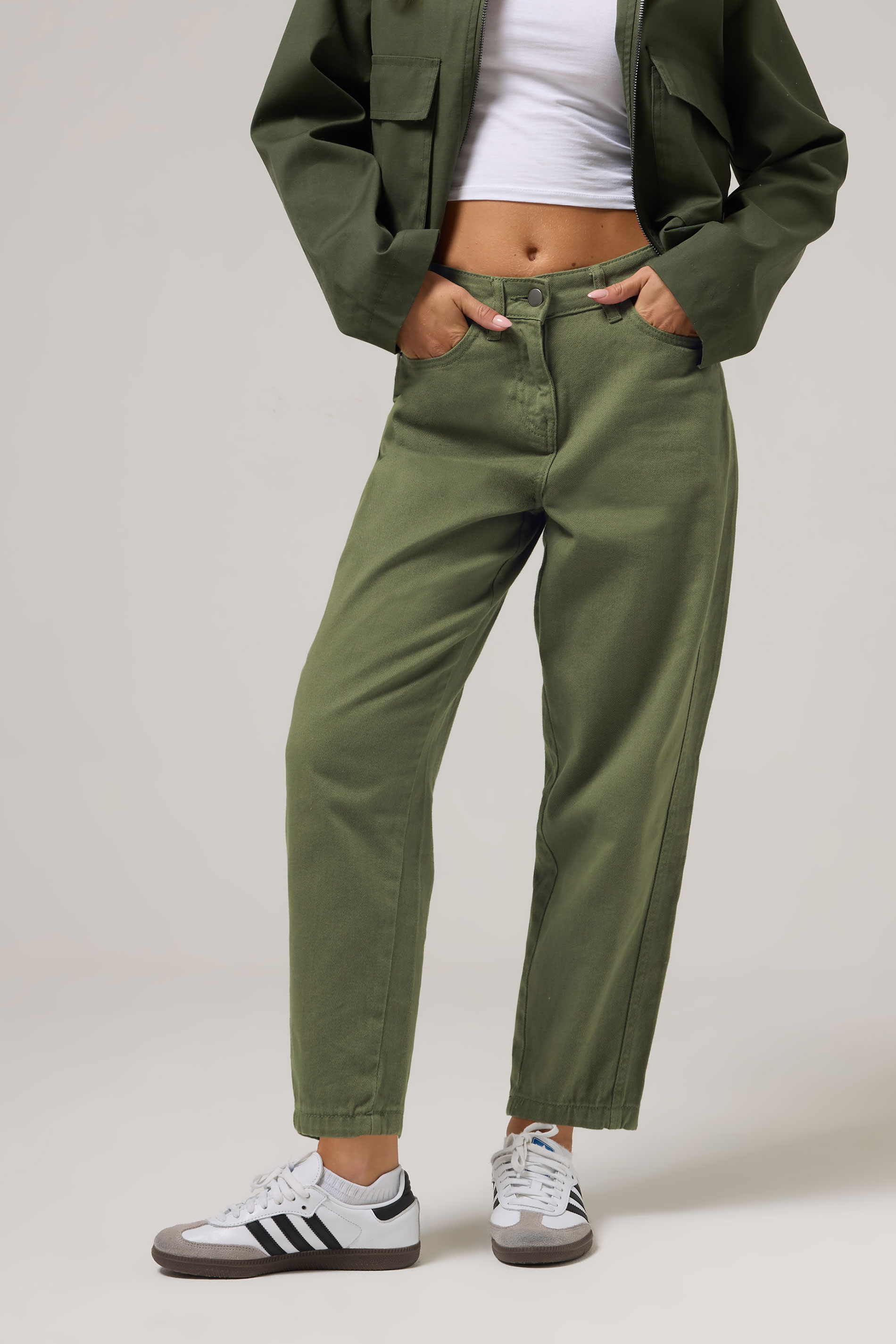 PixieGirl Petite Women's Green Non-Stretch Cotton Barrel Jeans | PixieGirl 1