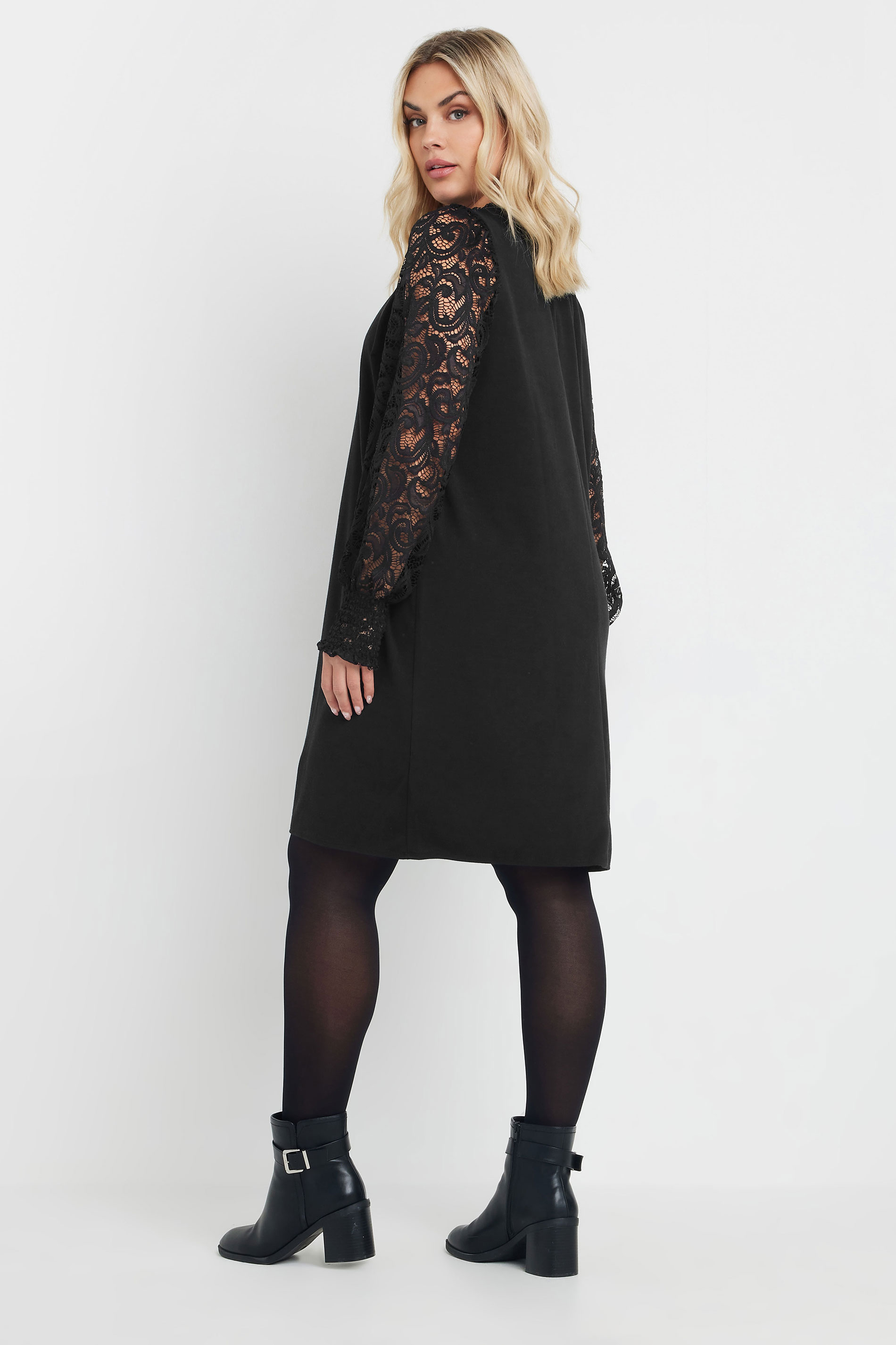 YOURS Plus Size Black Lace Sleeve Mini Dress | Yours Clothing 2