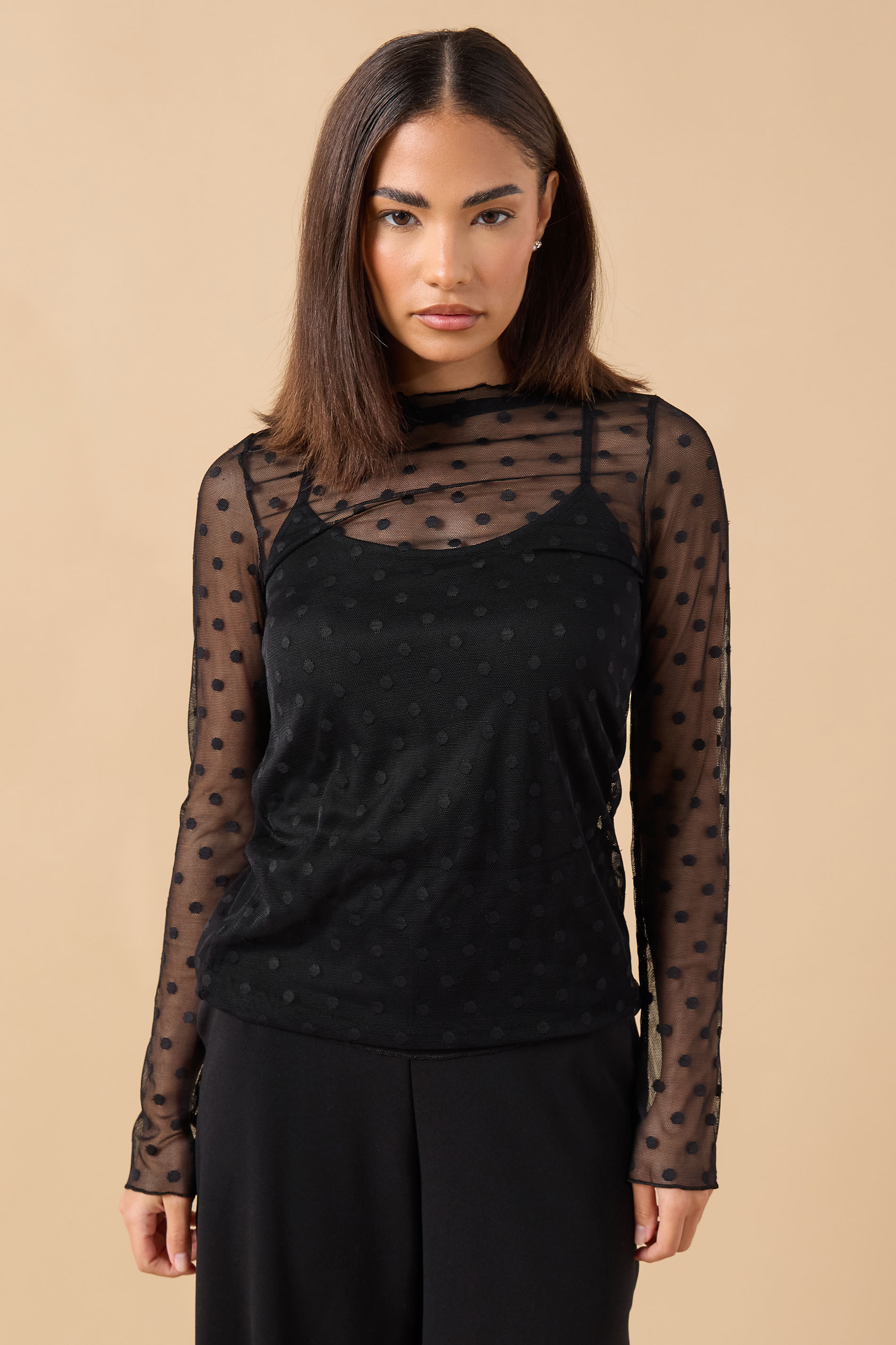 PixieGirl Petite Women's Black Polka Dot Mesh Long Sleeve Top | PixieGirl 3