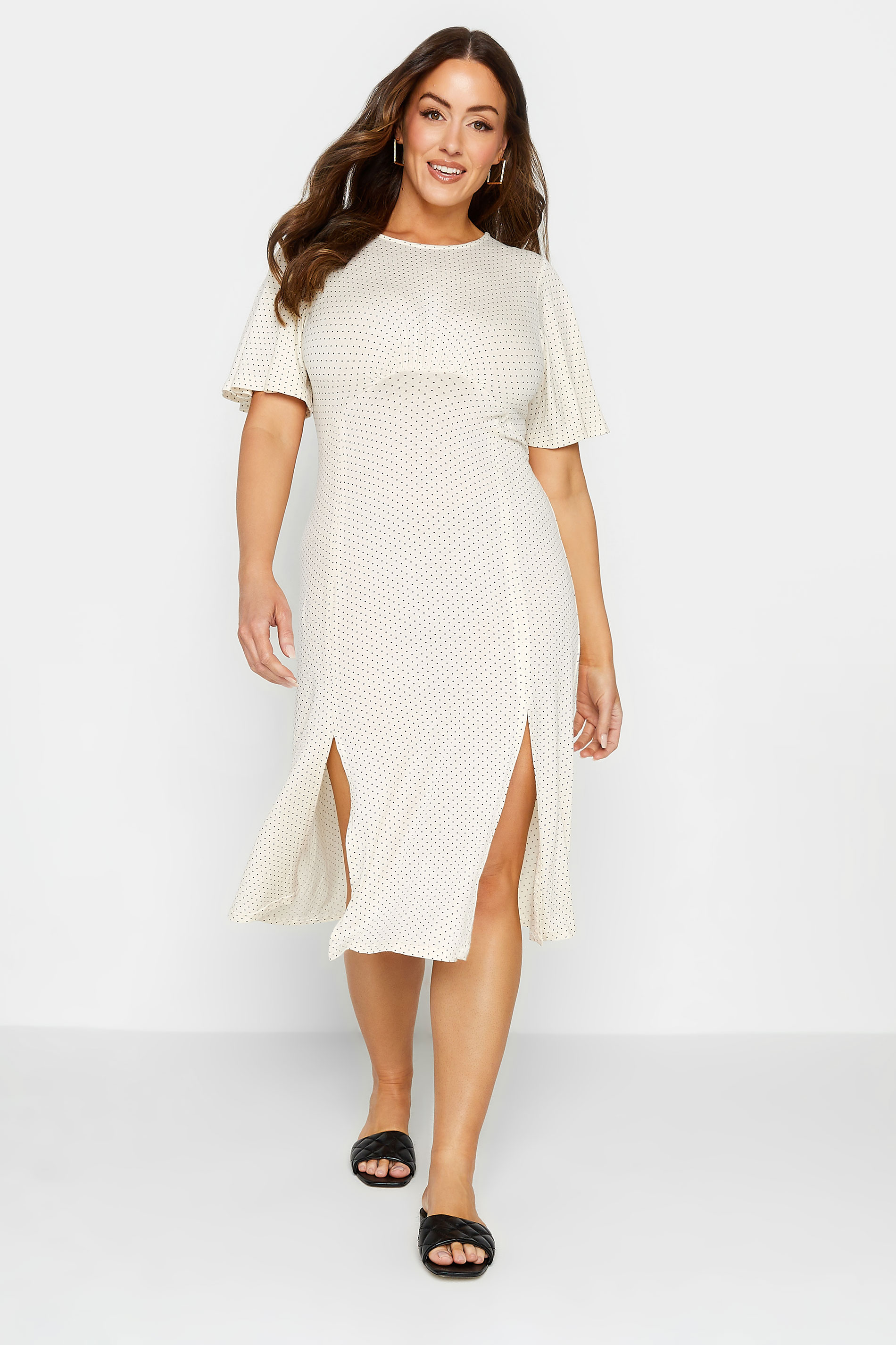 M&Co White Polka Dot Print Angel Sleeve Split Hem Midi Dress | M&Co 2