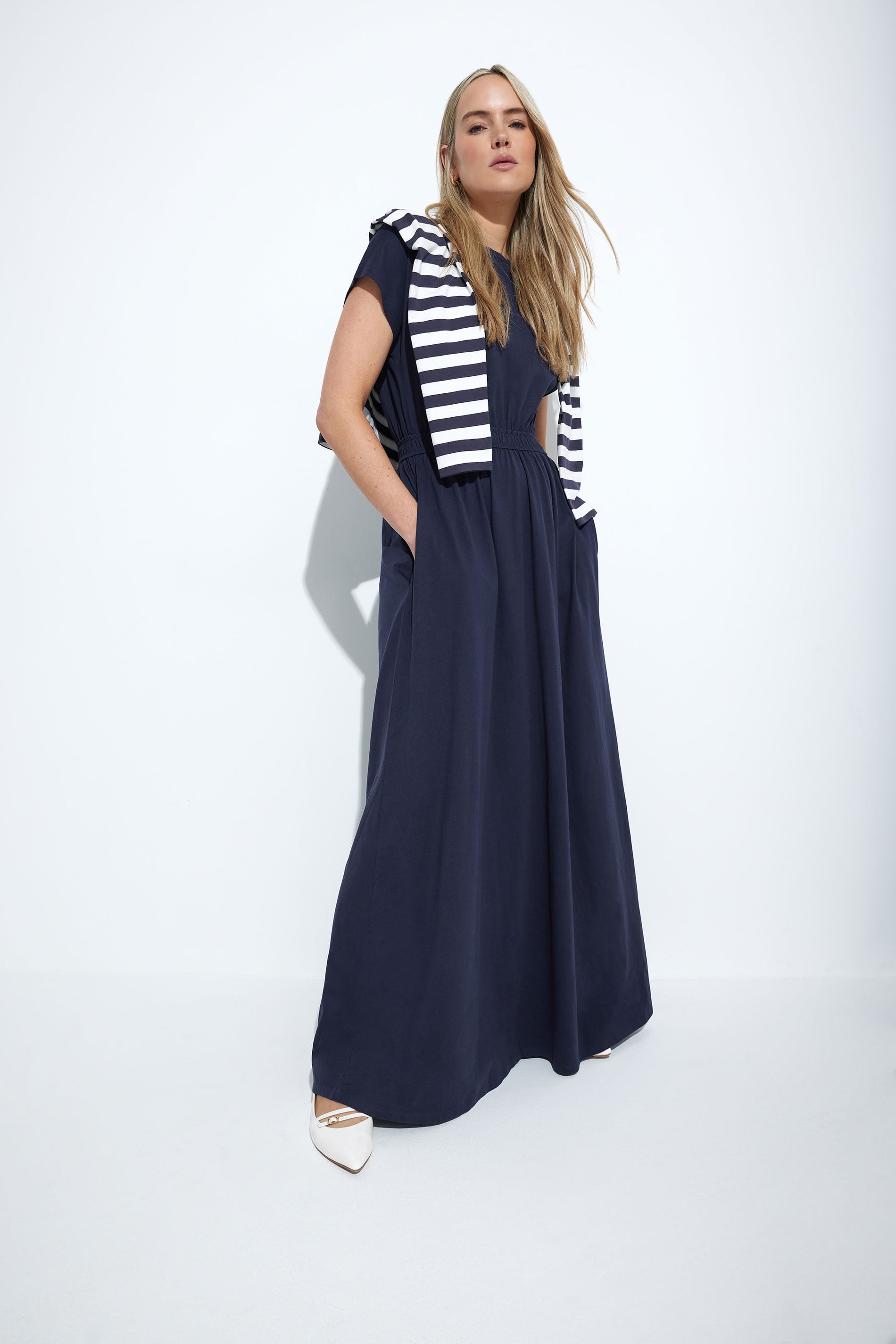 LTS Tall Navy Blue Jersey Shirred Waist Cotton Maxi Dress | Long Tall Sally 5