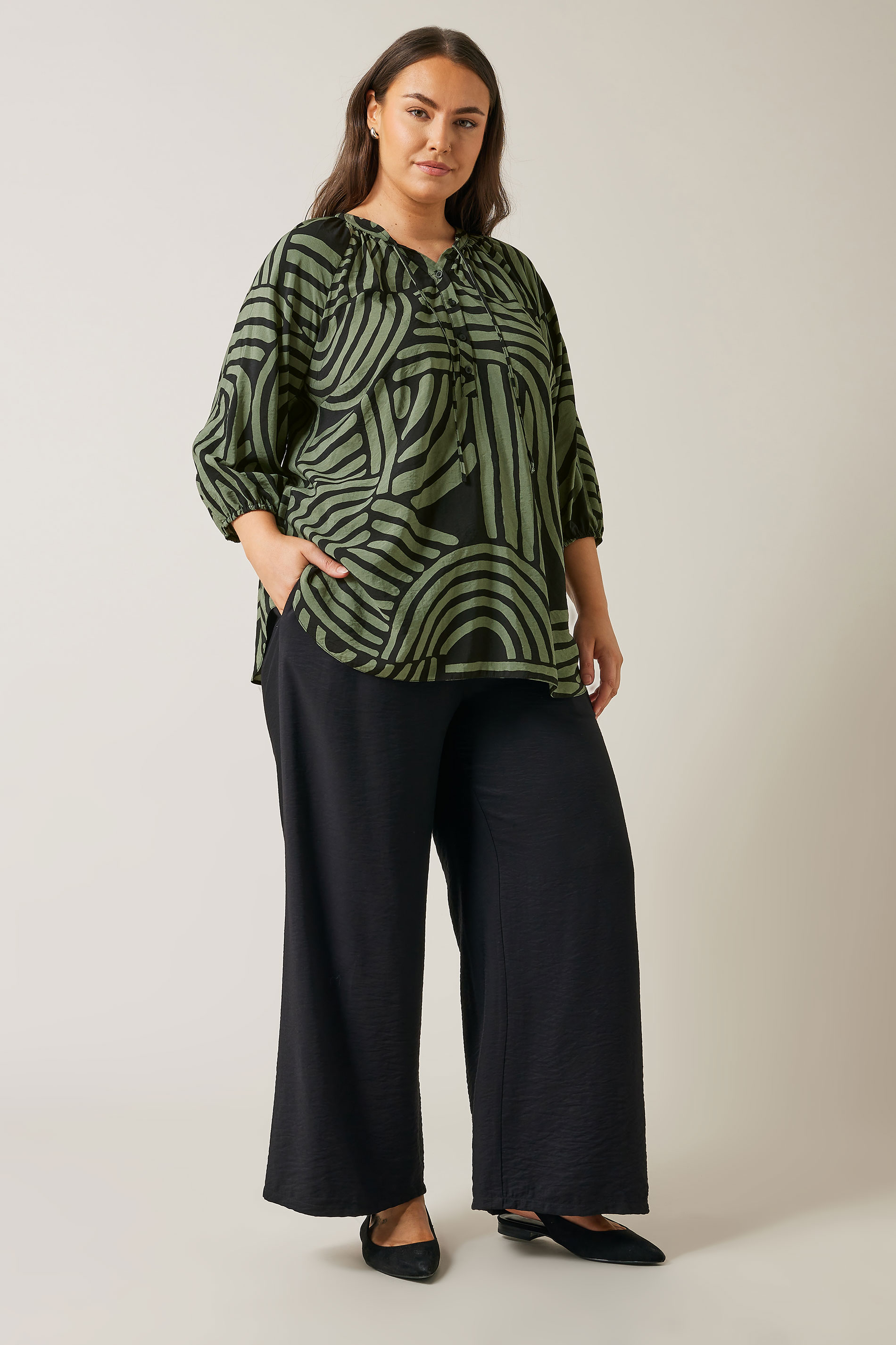 EVANS Plus Size Khaki Green Abstract Print Tie Neck Blouse | Evans 2