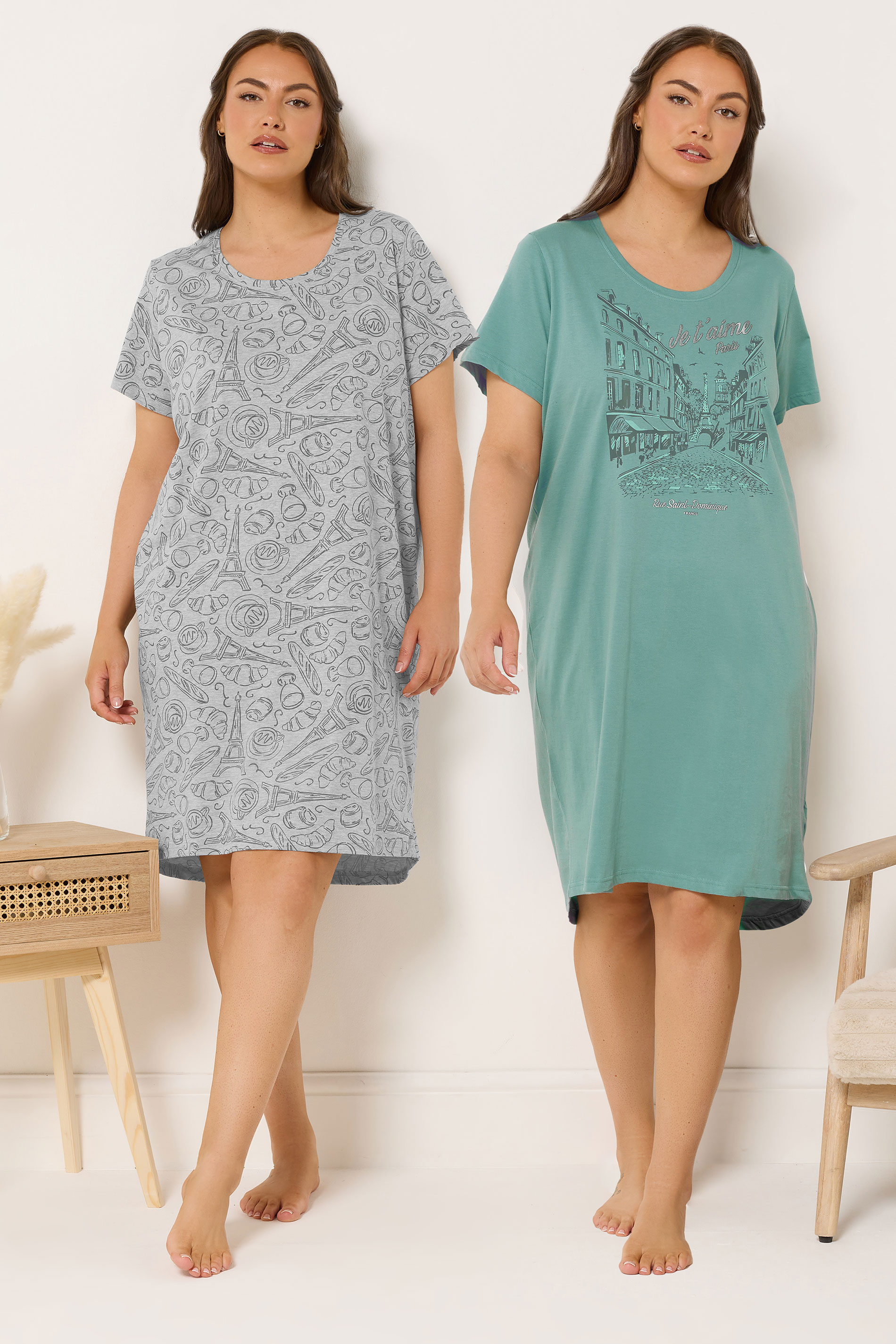 YOURSET Plus Size 2 PACK Green Paris Scene Nightdresses | Yours Clothing 1