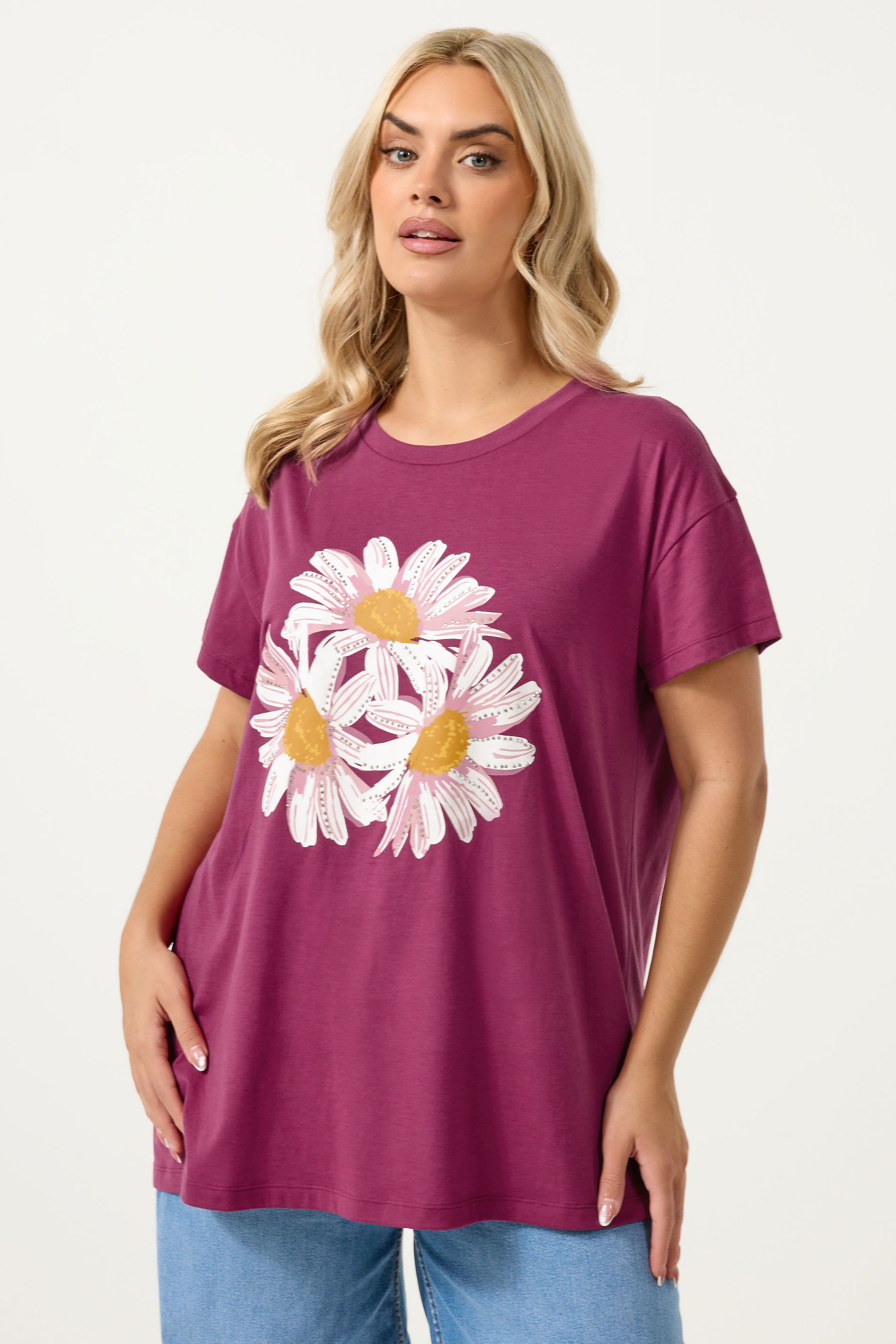 YOURS Plus Size Pink Studded Daisy T-Shirt | Yours Clothing 3
