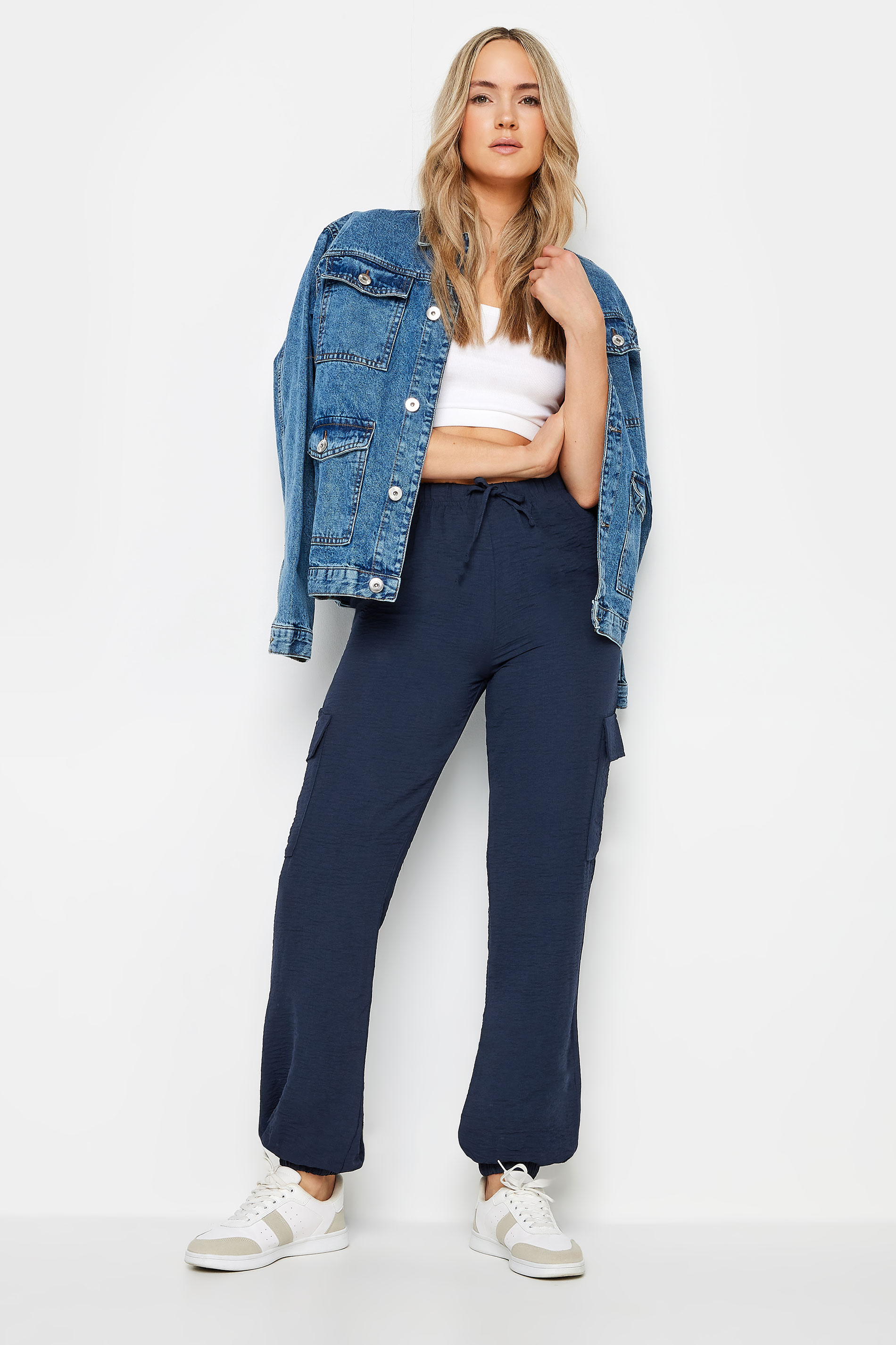 LTS Tall Women's Navy Blue Textured Cuffed Cargo Trousers | Long Tall Sally 3