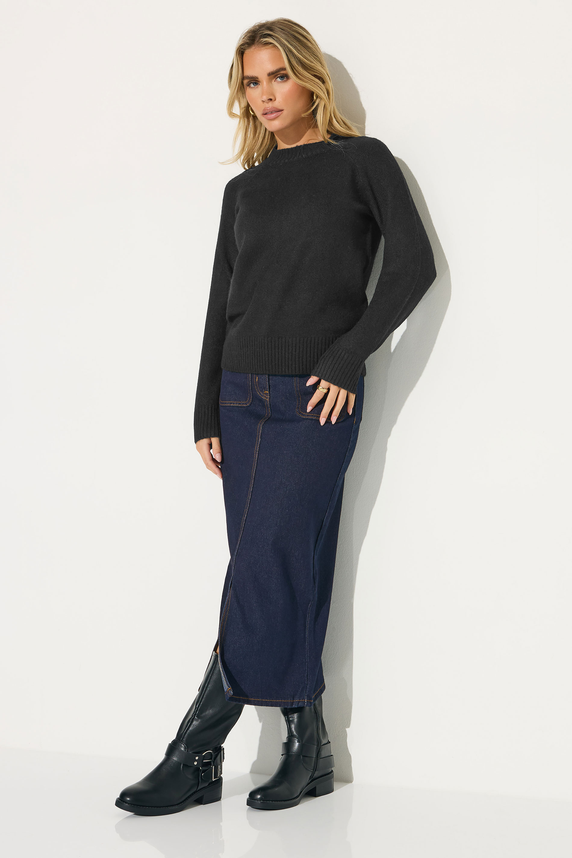 PixieGirl Petite Women's Black Knitted Crew Neck Jumper | PixieGirl 1