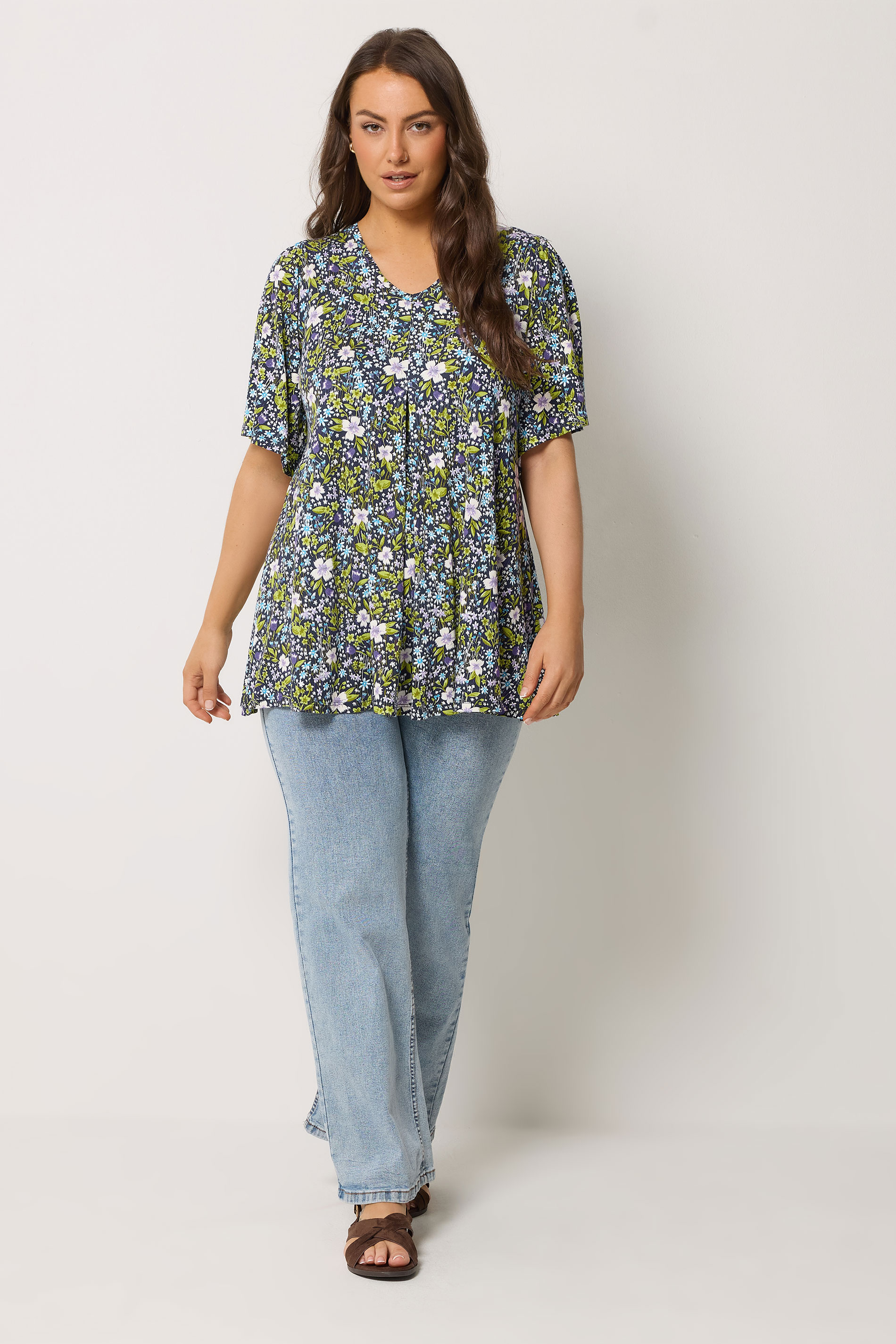 YOURS Plus Size Navy Blue & Green Floral Pleat Front Top | Yours Clothing 1