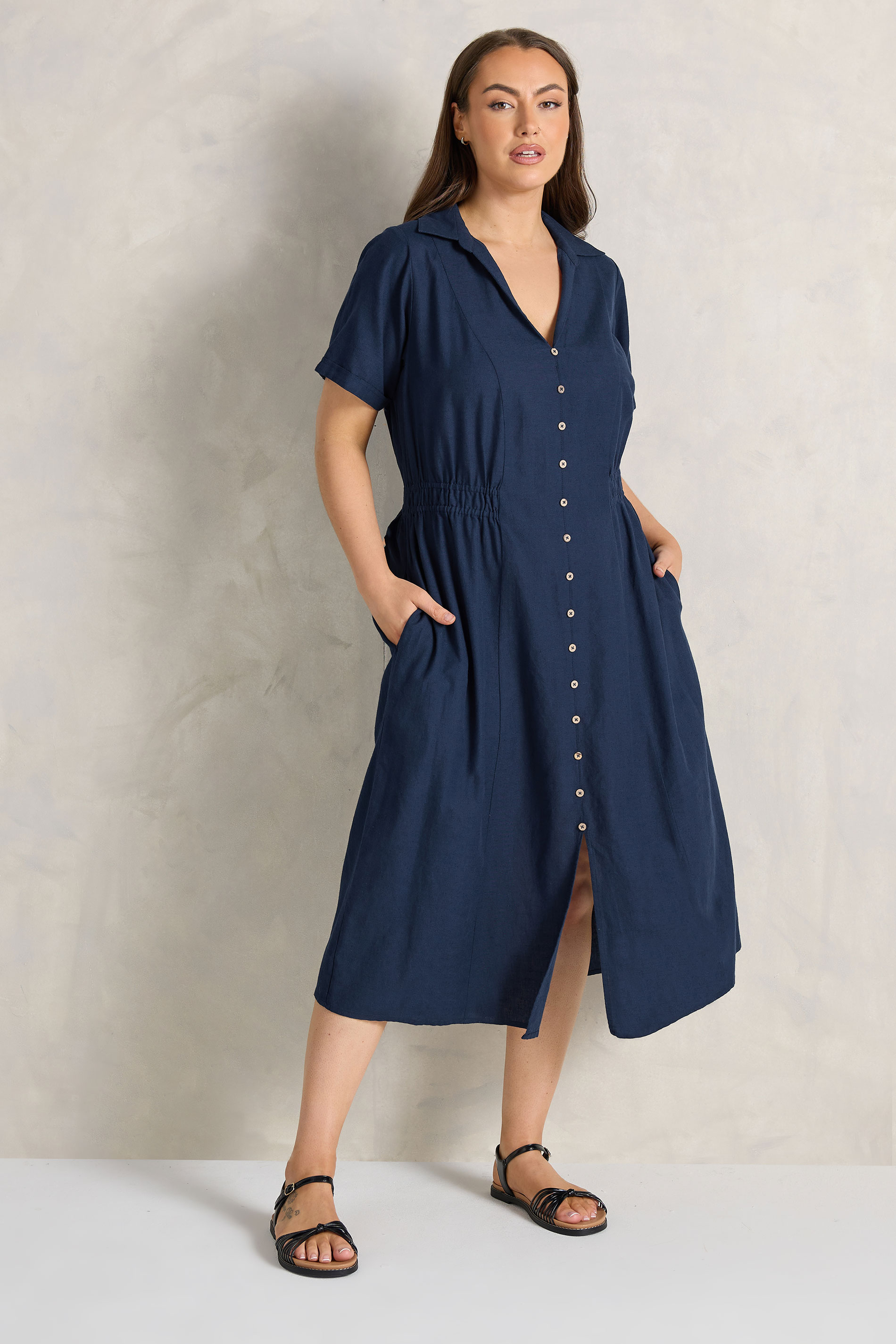EVANS Plus Size Navy Blue Linen Shirred Waist Midi Dress | Evans 1