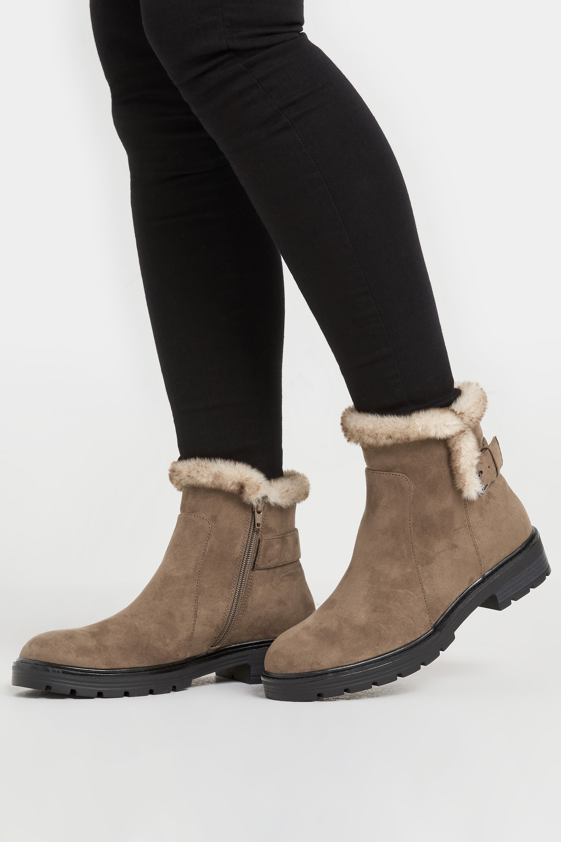 LTS Brown Faux Fur Lined Biker Boots In Standard Fit | Long Tall Sally 3