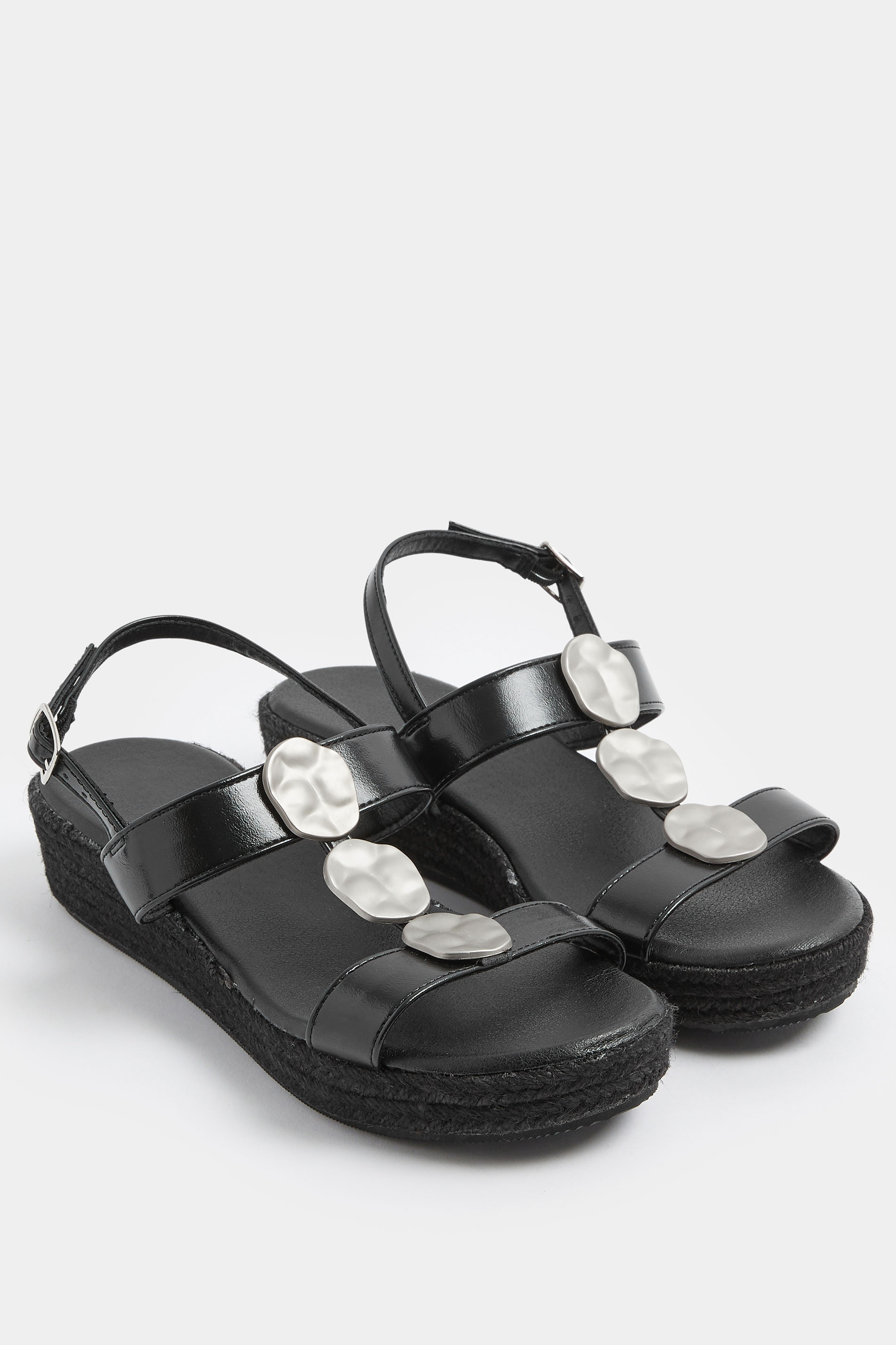 Black Hammered Disk Wedge Sandals In Wide E Fit | Yours Clothing 3