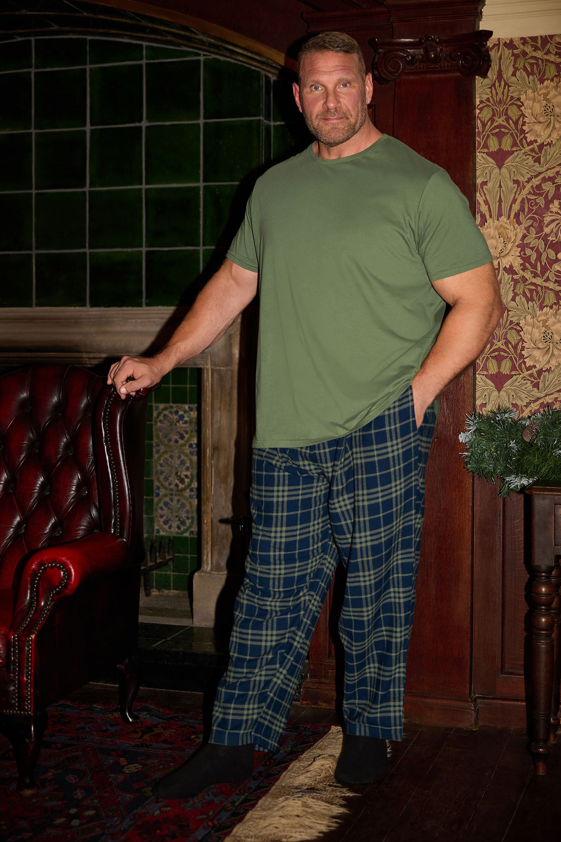 BadRhino Big & Tall Khaki Green Check Pyjama Set | BadRhino 3