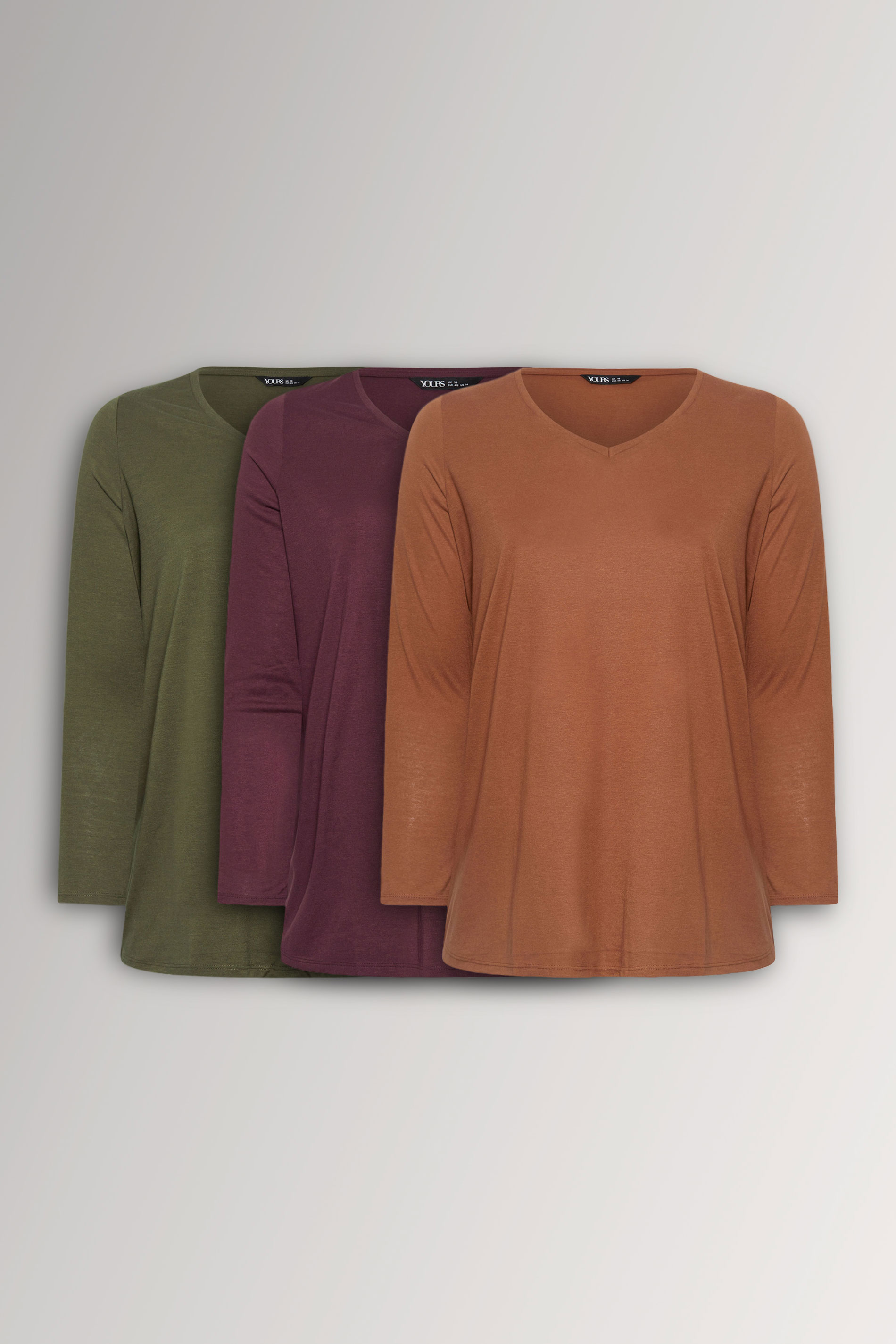 YOURS 3 PACK Plus Size Brown & Khaki Green Long Sleeve V-Neck T-Shirts| Yours Clothing 3