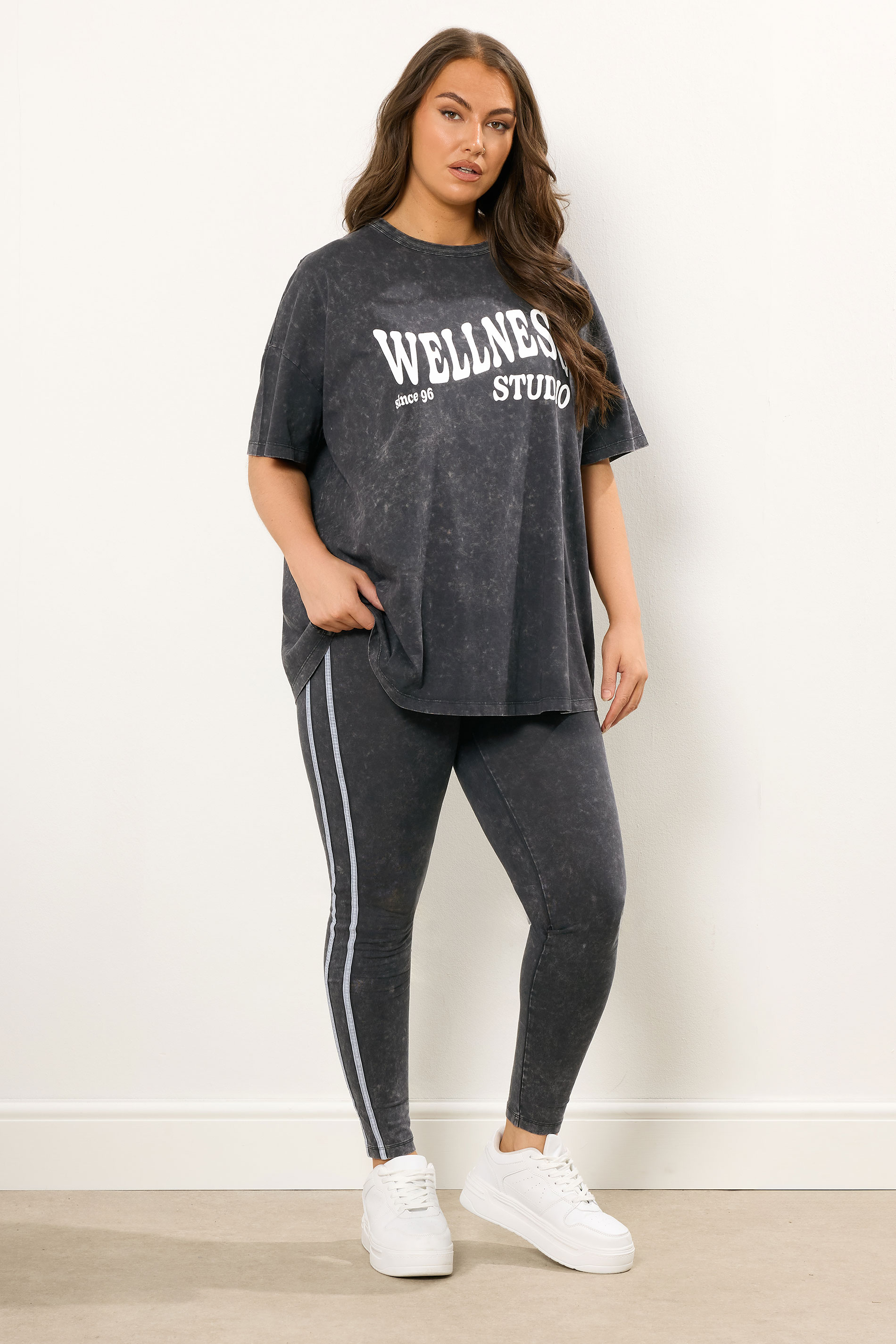 YOURS ACTIVE Plus Size Grey Acid Wash Side Stripe Leggings | Yours Clothing 1