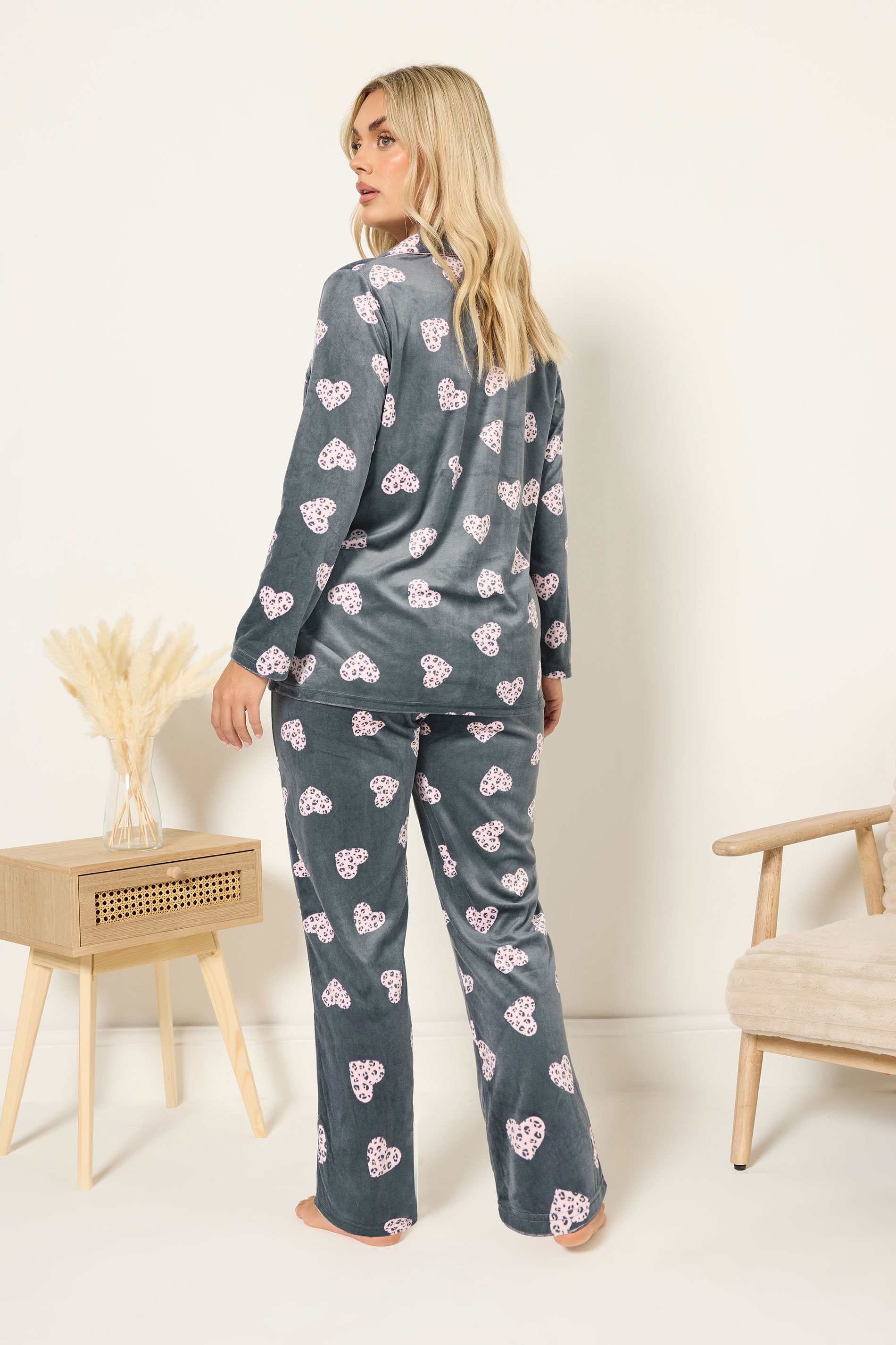 YOURS Plus Size Grey Animal Heart Print Fleece Pyjama Set | Yours Clothing 2