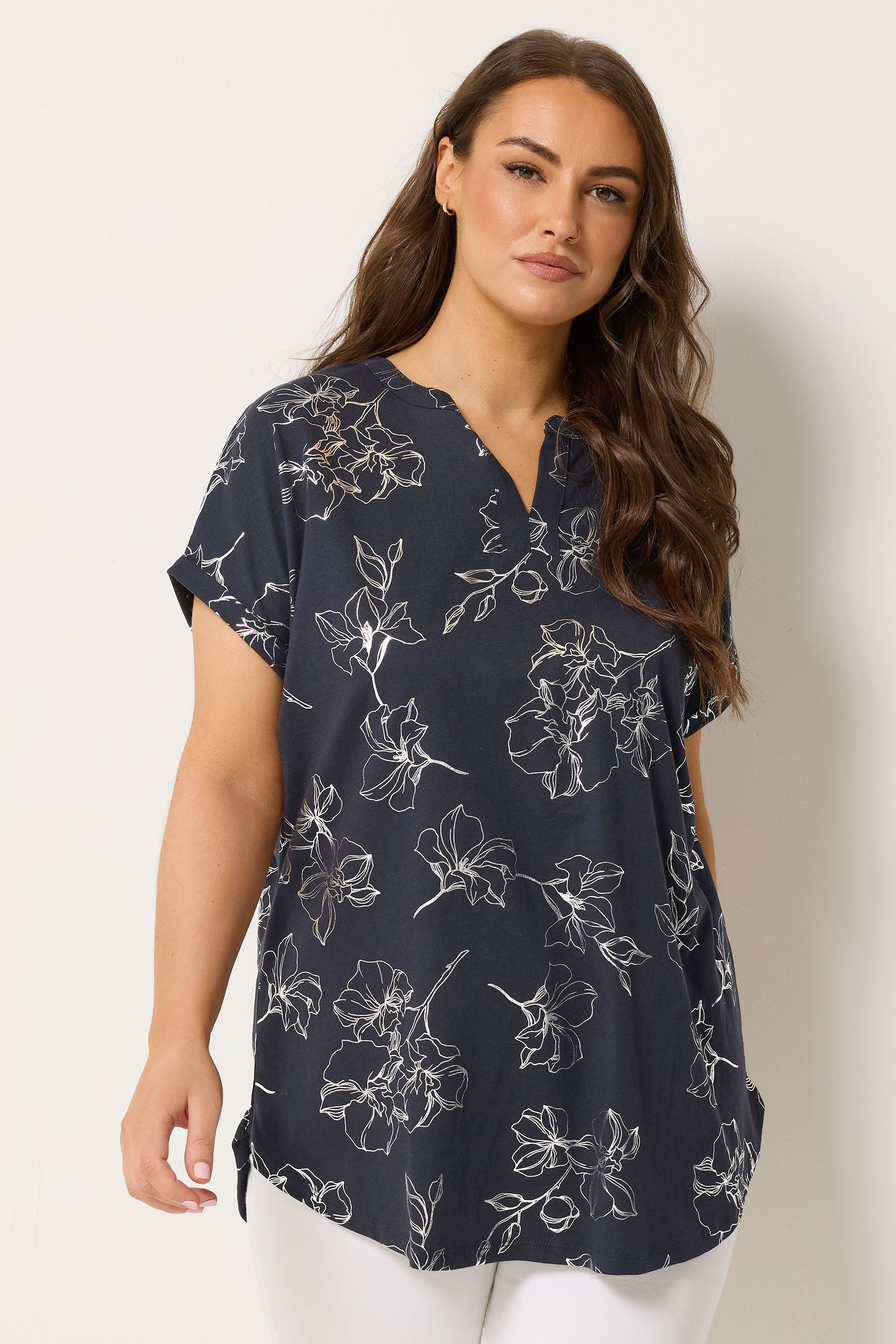 YOURS Plus Size Black Floral Foil Notch Neck Top | Yours Cloting 3