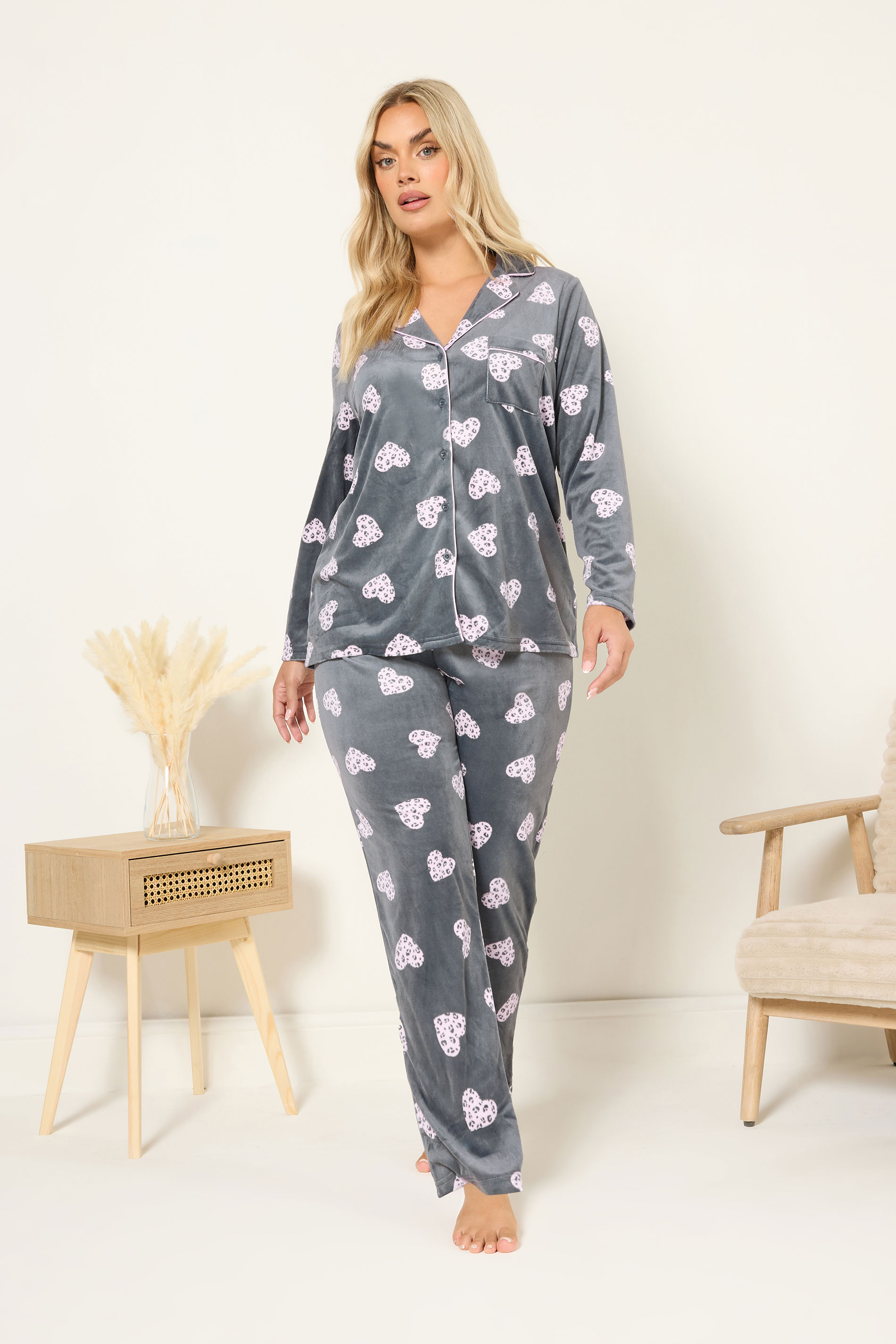 YOURS Plus Size Grey Animal Heart Print Fleece Pyjama Set | Yours Clothing 5