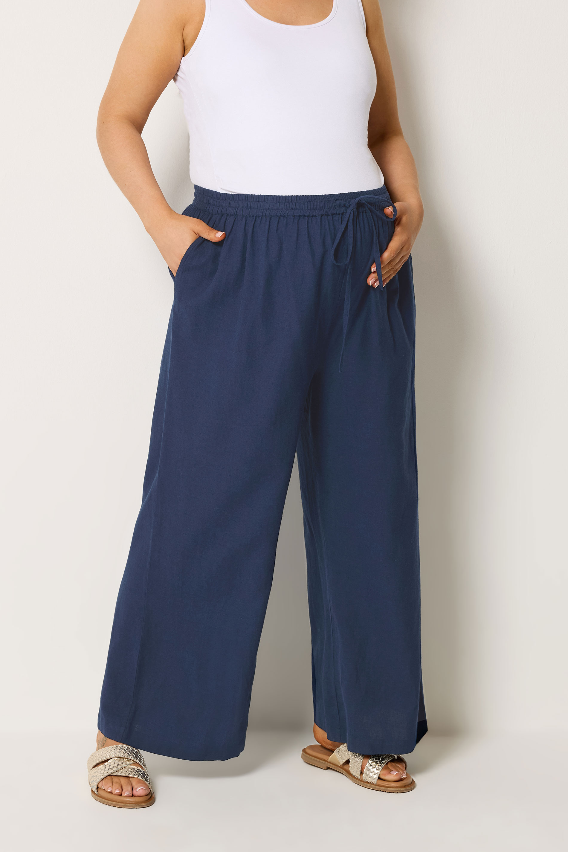BUMP IT UP MATERNITY Plus Size Navy Blue Wide Leg Linen Trousers | Yours Clothing 3