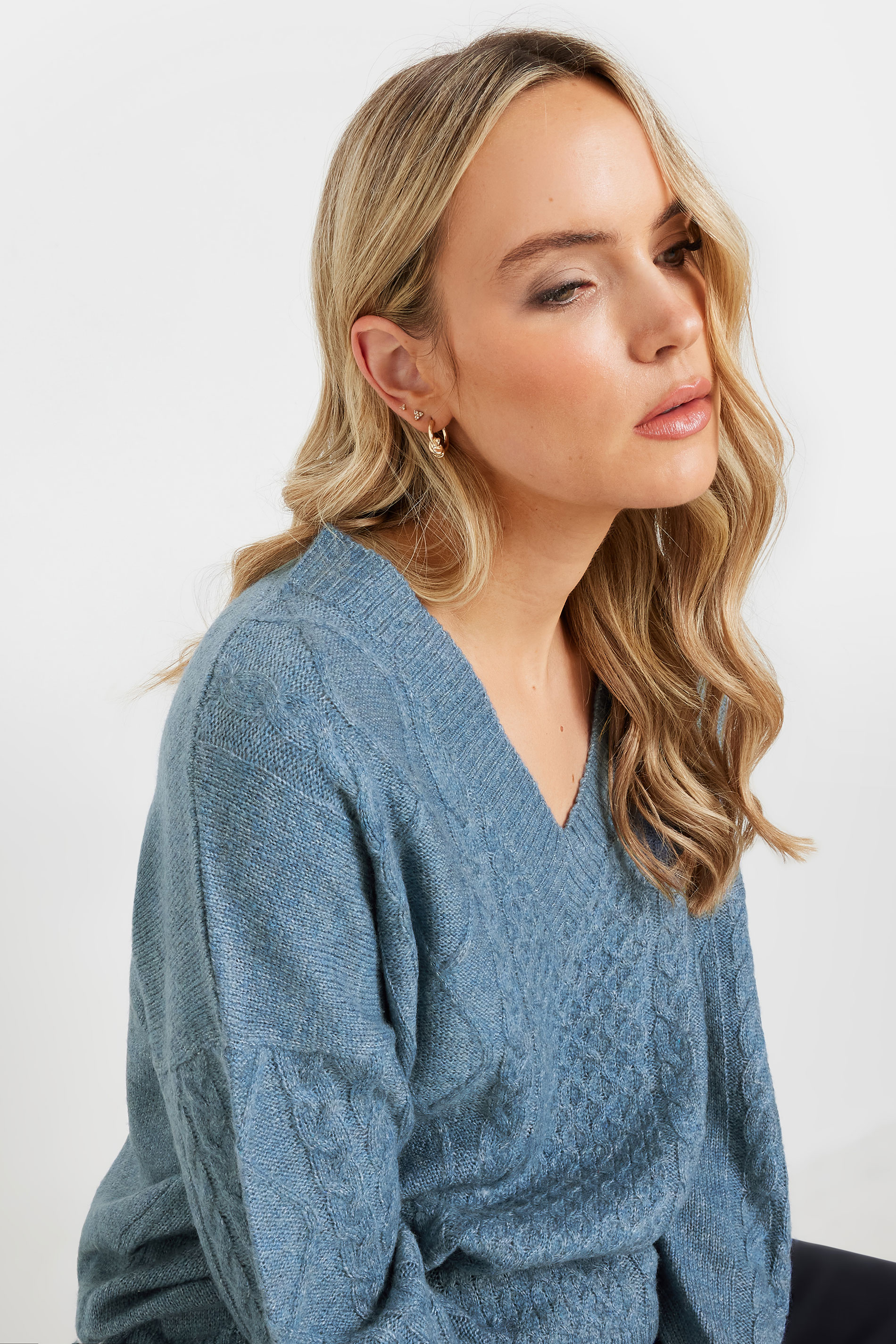 LTS Tall Blue Cable Knit V-Neck Jumper | Long Tall Sally 4