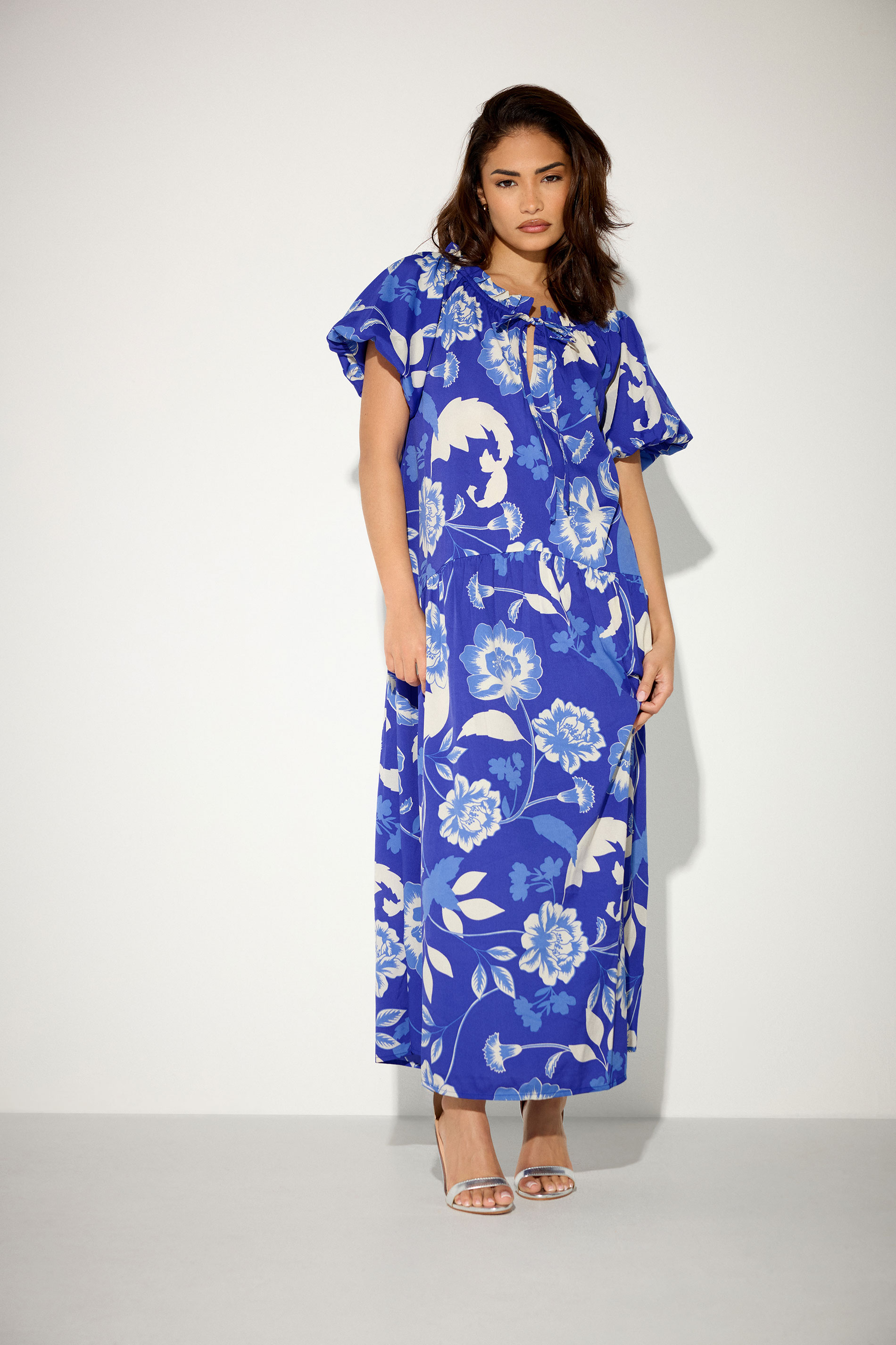 PixieGirl Petite Women's Blue Floral Tie Neck Midi Dress | PixieGirl 3