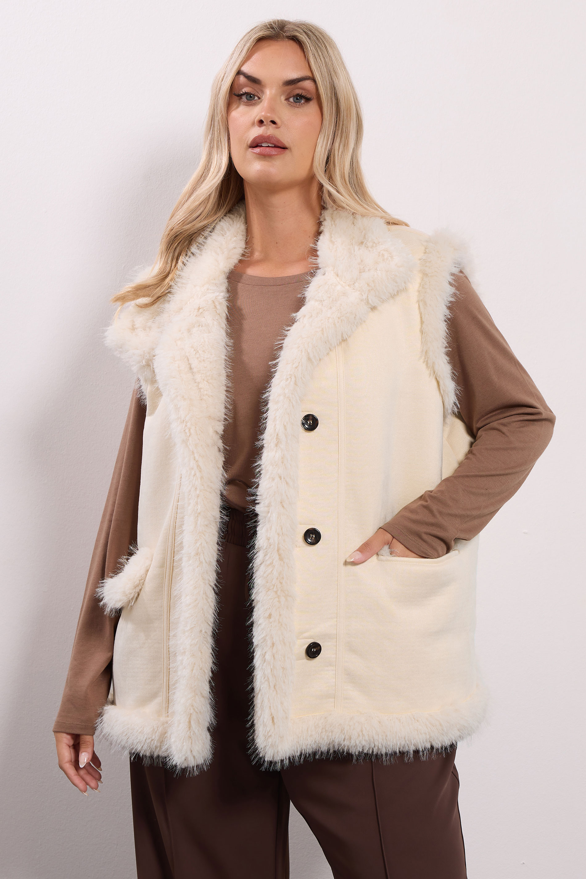 YOURS Plus Size Ivory White Shaggy Faux Fur Gilet | Yours Clothing 2