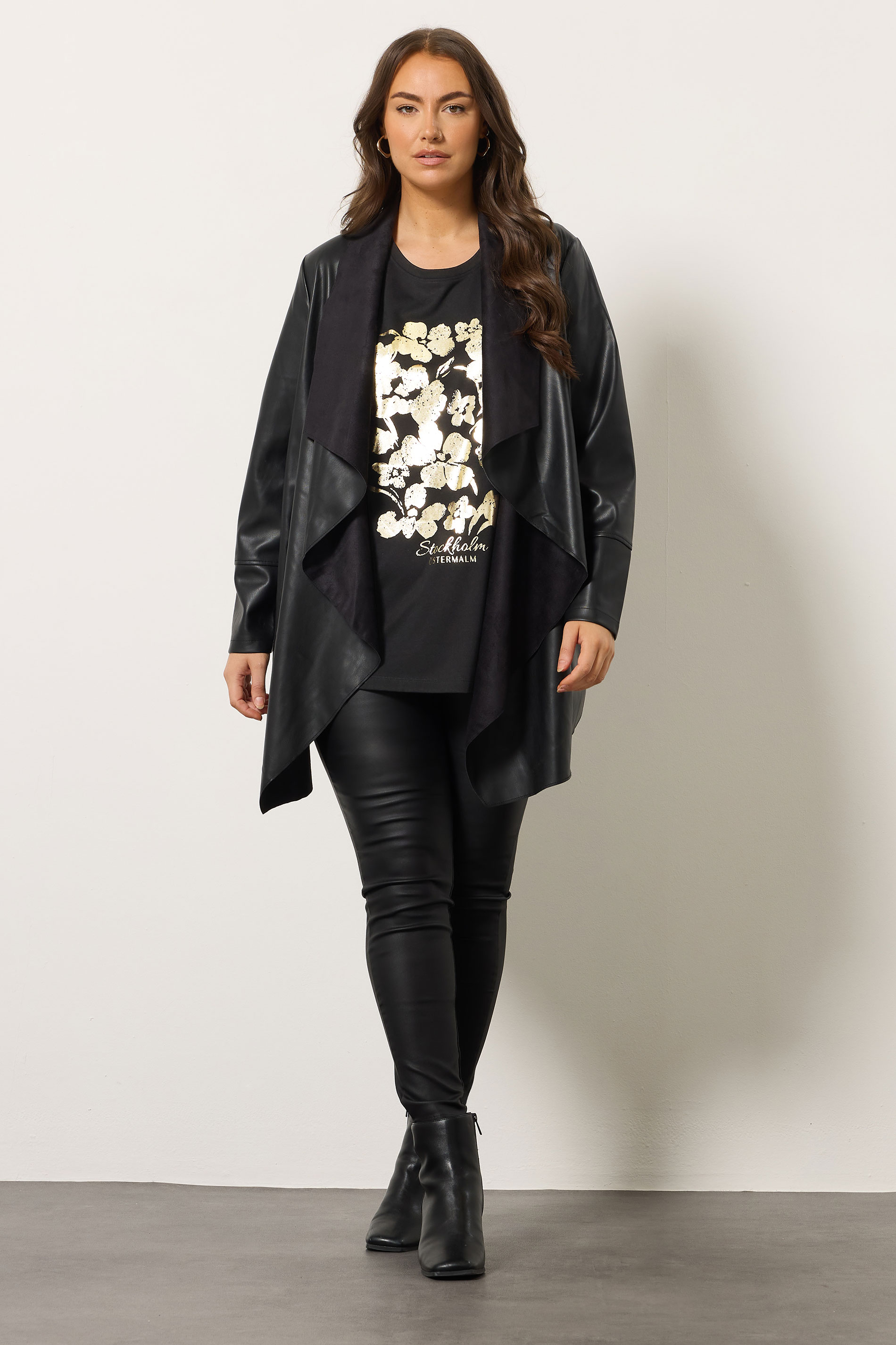 EVANS Plus Size Black & Gold Floral Foil Detail Modal Top | Evans 1