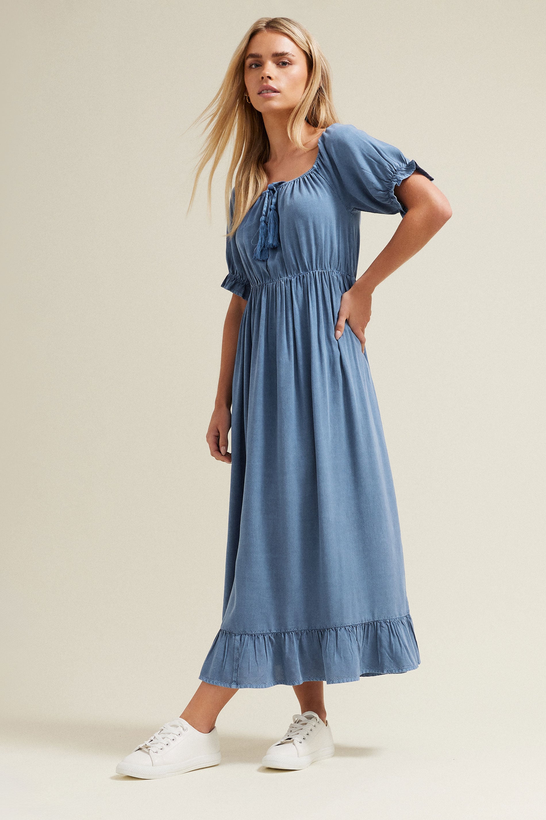 M&Co Petite Blue Tassel Detail Smock Dress | M&Co 3