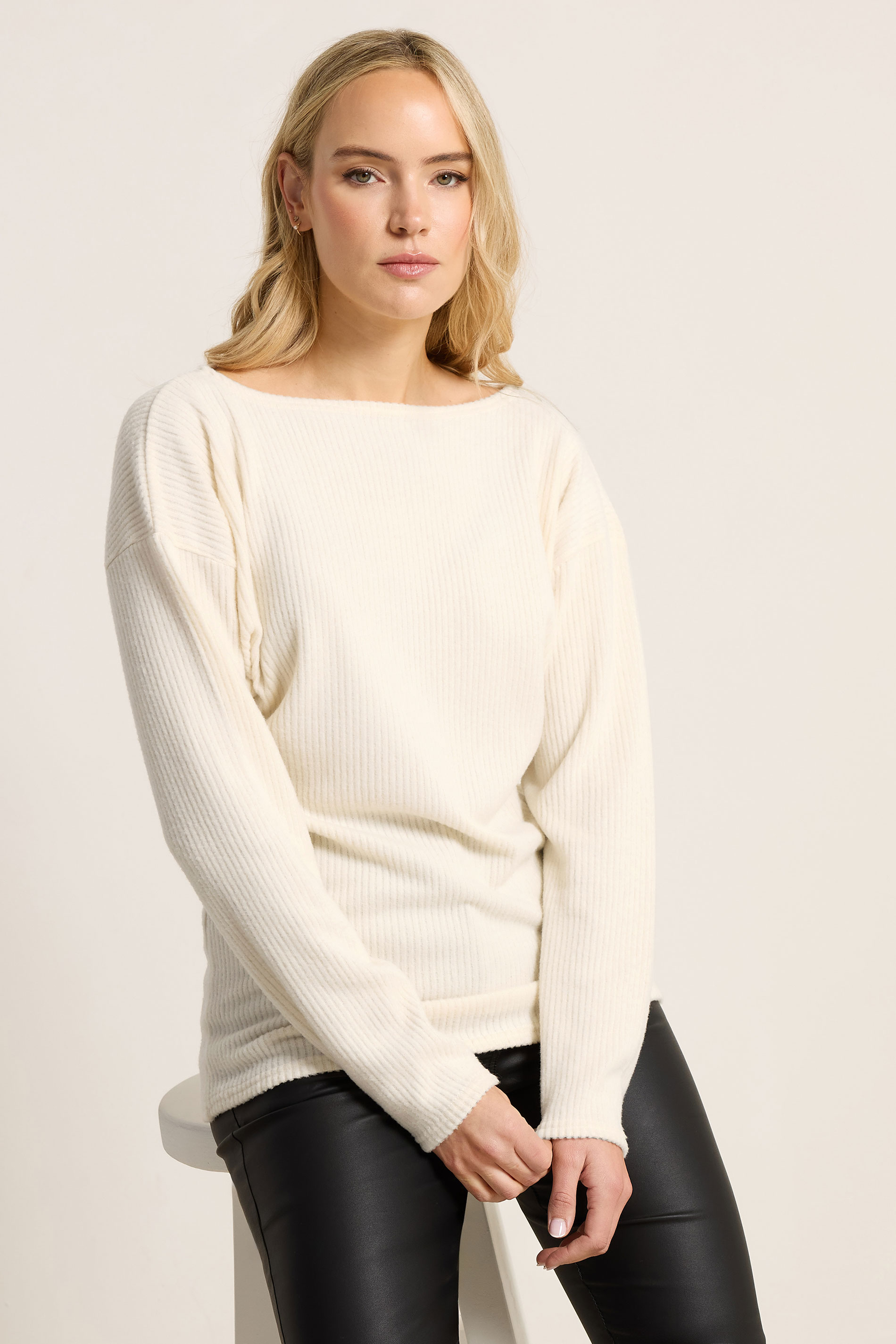 LTS Tall Cream Ribbed Soft Touch Batwing Top | Long Tall Sally 3