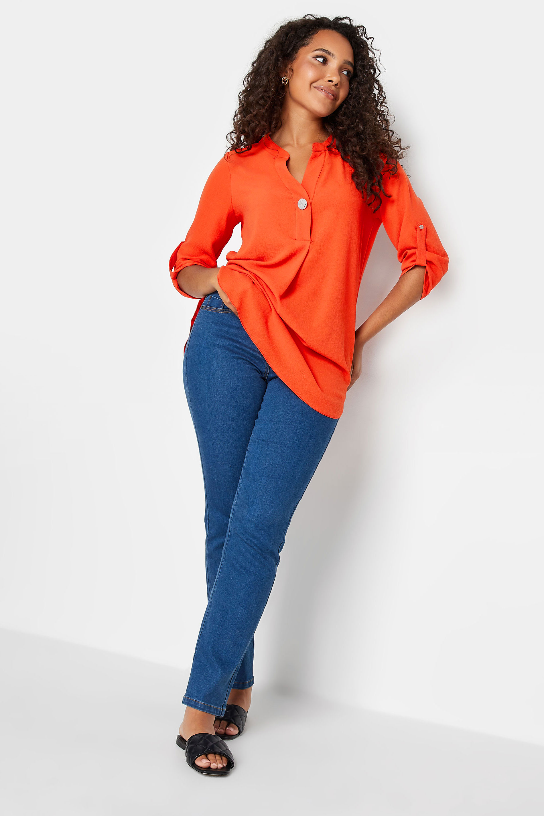 M&Co Bright Orange Statement Button Tab Sleeve Blouse | M&Co 2