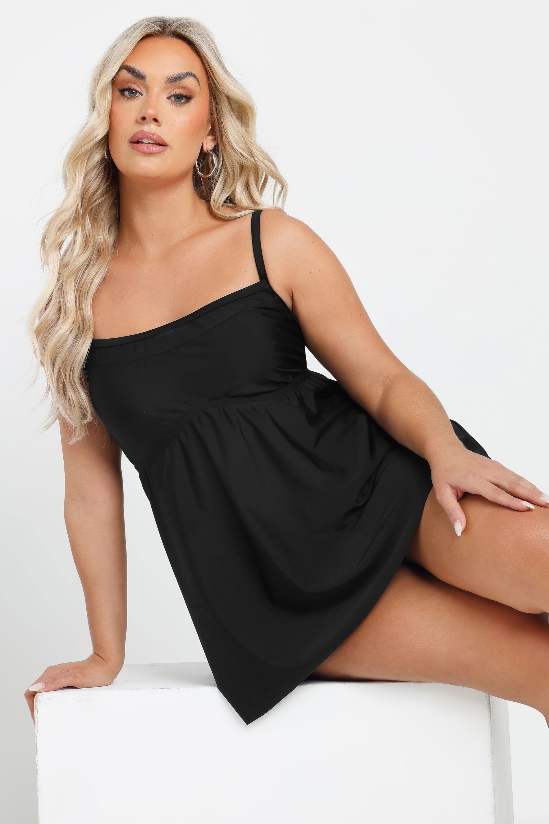 Plus Size Black Mesh Panel Tummy Control Swim Dress | Yours Clothing 1