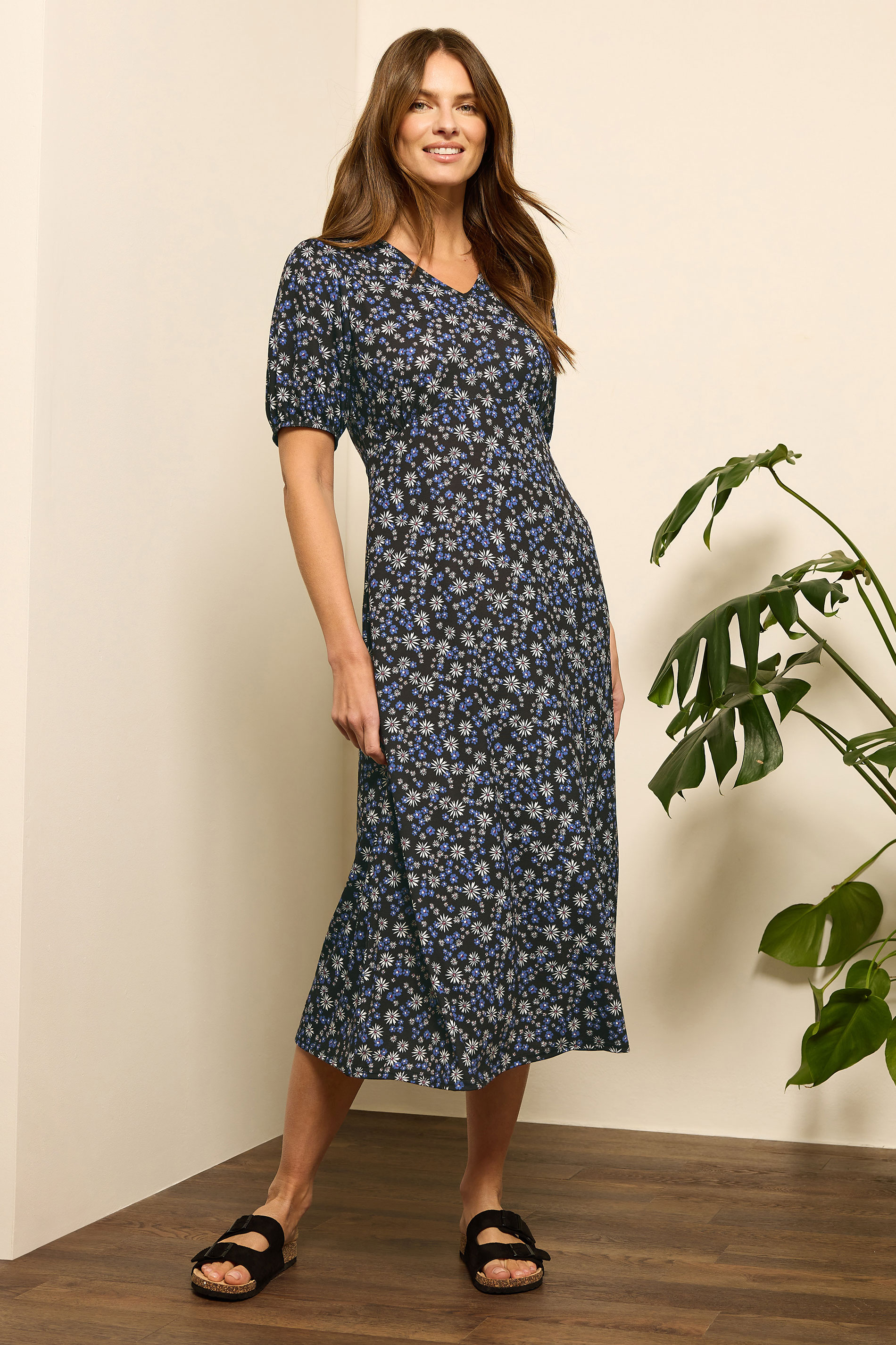 M&Co Black & Blue Floral Print Midi Dress | M&Co 1