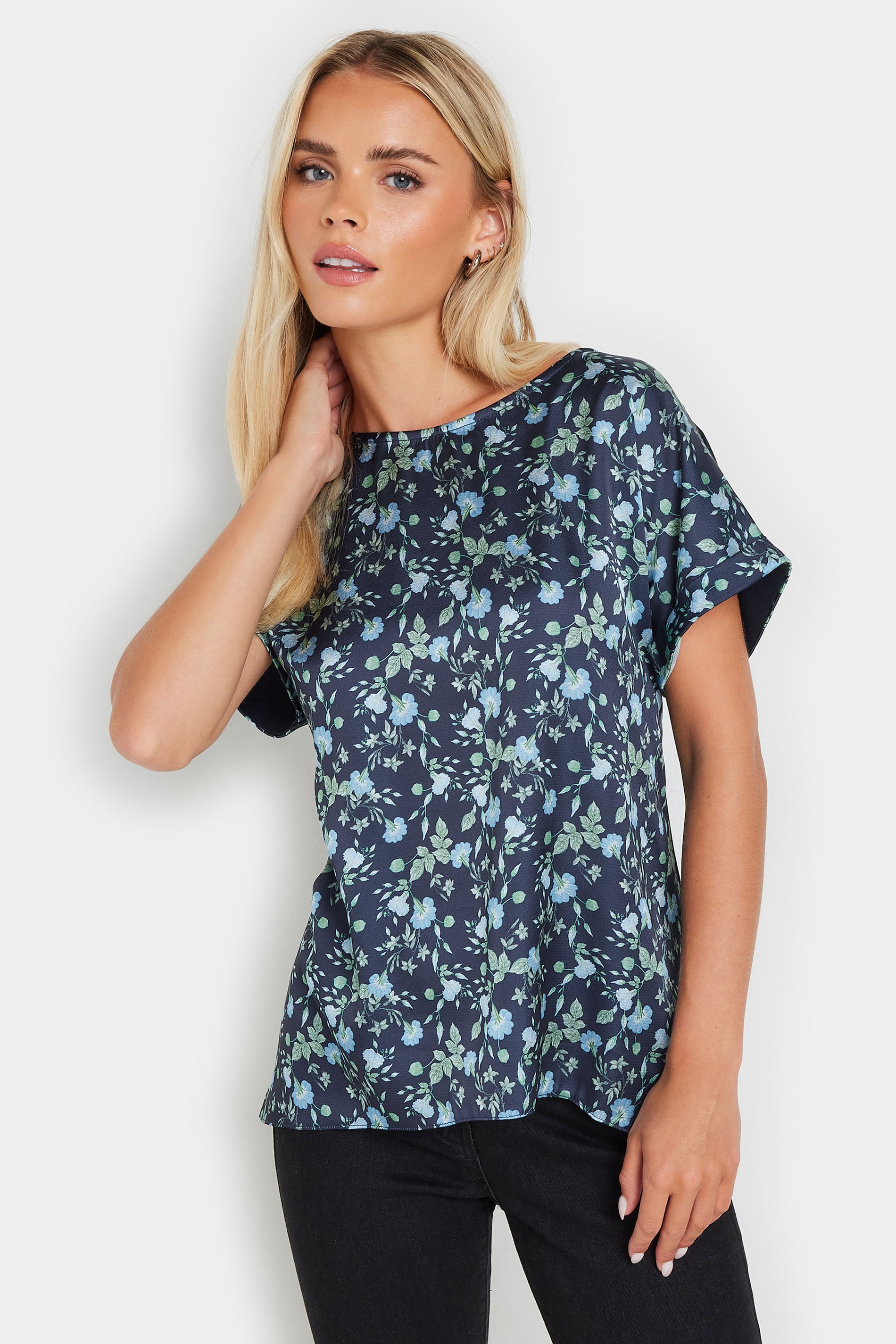 Women's Blue M&Co Petites M&Co Petite Navy Ditsy Floral Print Top Size 18