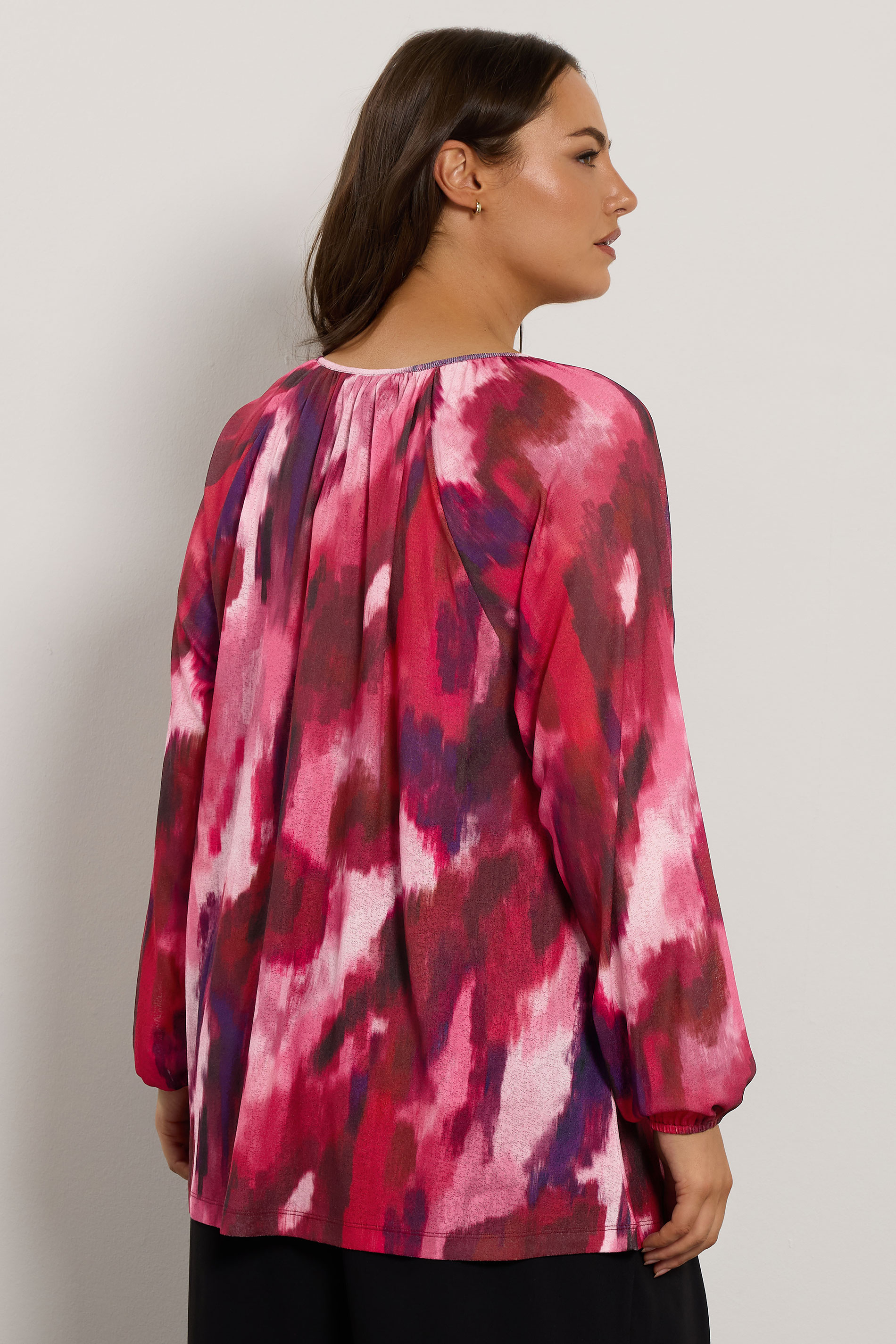 EVANS Plus Size Pink Abstract Print Balloon Sleeve Blouse | Evans 2
