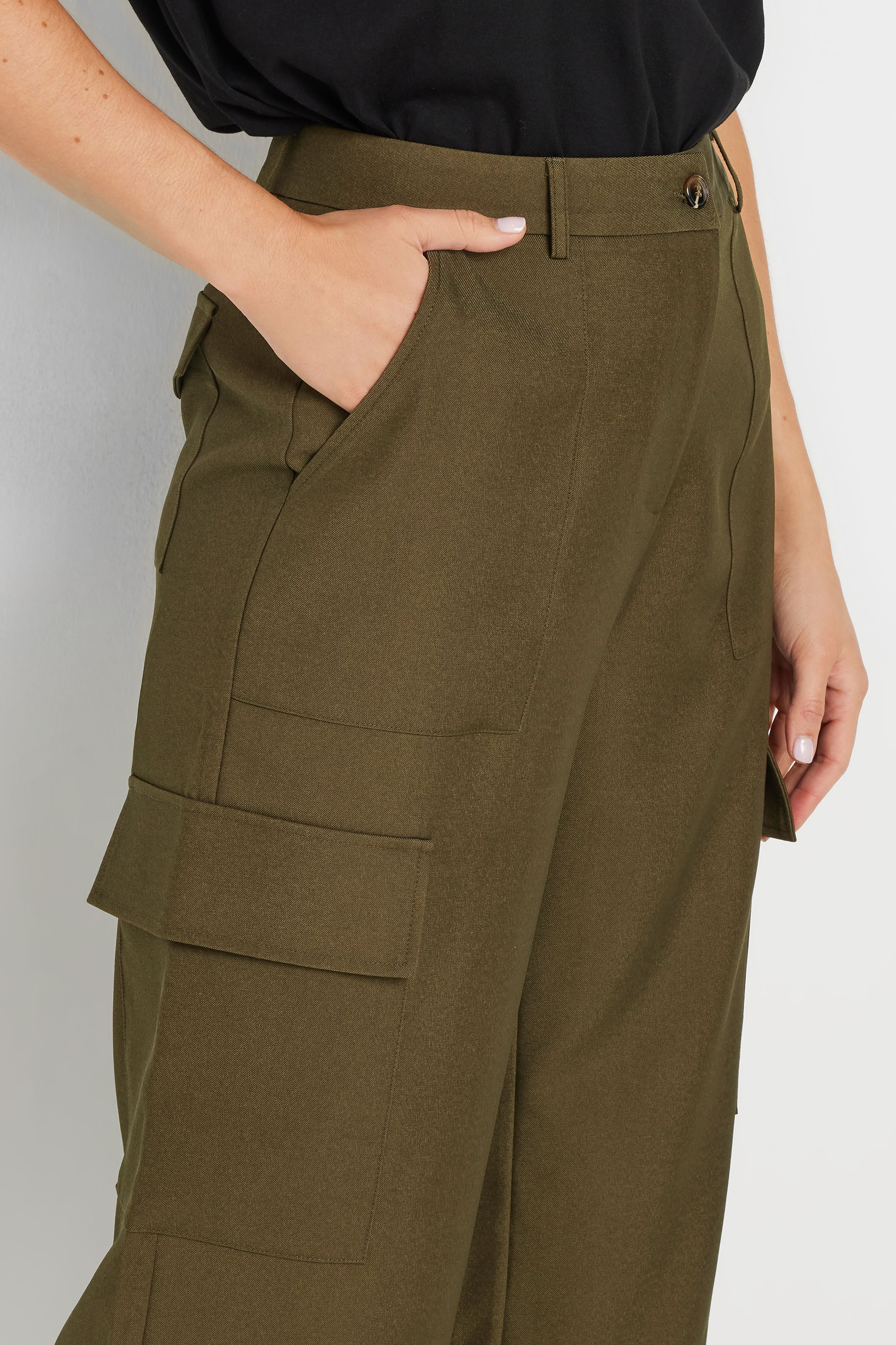 LTS Tall Khaki Green Tailored Cargo Pocket Wide Leg Trousers | Long Tall Sally 5