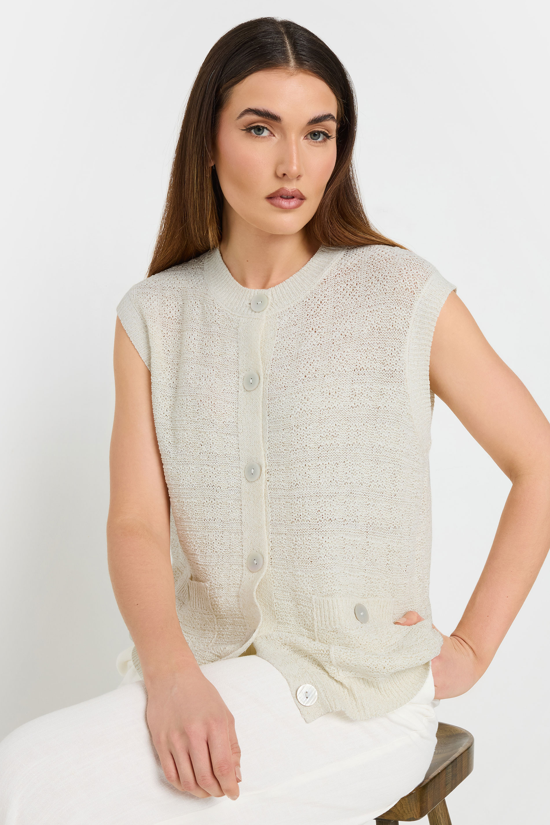 LTS Tall Ivory White Knitted Metallic Button Vest Top | Long Tall Sally 3